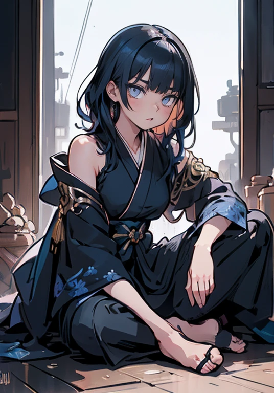 neon light, a beautiful girl wearing intricate detailed black kimono holding an iridescence glowing katana, made of liquid metal, in a fantasy art style, with long dark blue hair, sitting on the ground covered in bioluminescence floral, with a highly detailed face and beautiful eyes in the style of WLOP and Krenz Cushart, Artgerm, j.c leyendecker, Greg Rutkowski, Alphonse Mucha, with a hyper realistic, cinematic lighting