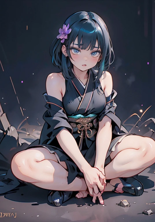 neon light, a beautiful girl wearing intricate detailed black kimono holding an iridescence glowing katana, made of liquid metal, in a fantasy art style, with long dark blue hair, sitting on the ground covered in bioluminescence floral, with a highly detailed face and beautiful eyes in the style of WLOP and Krenz Cushart, Artgerm, j.c leyendecker, Greg Rutkowski, Alphonse Mucha, with a hyper realistic, cinematic lighting