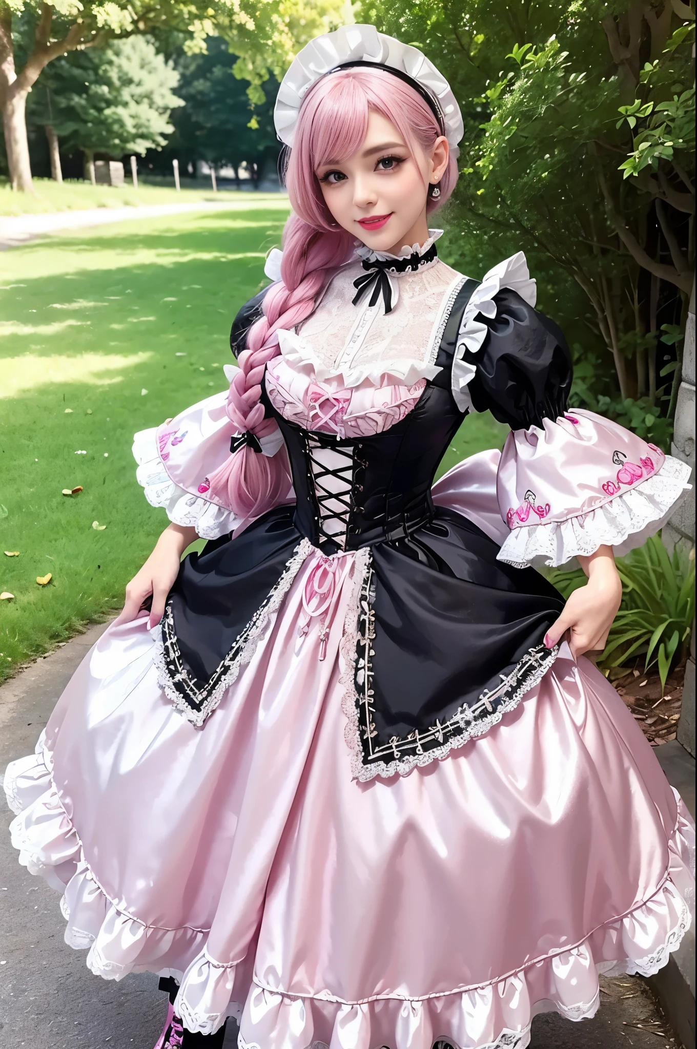 sexy stylish Spanish model, only 1 female, ((doll-like appearance)), long neon pink stylish hair, ((shiny Victorian-Style boots)), (big smile), ultra detailed eyes, very detailed eye makeup, lipgloss, long lashes, defined eyebrows, ((sexy Sweet Lolita cosplay)), bell-shaped skirt, petticoats, high neckline, puffed sleeves, ((ultra detailed lace)), ((ultra detailed embroidery)), intricate details, animals, fairy tales, heart-shaped bag, Sweet Lolita accessoires, large bow, Sweet Lolita choker, ((large sparkling Sweet Lolita jewelry)), cinematic light, detailed large park background with trees 