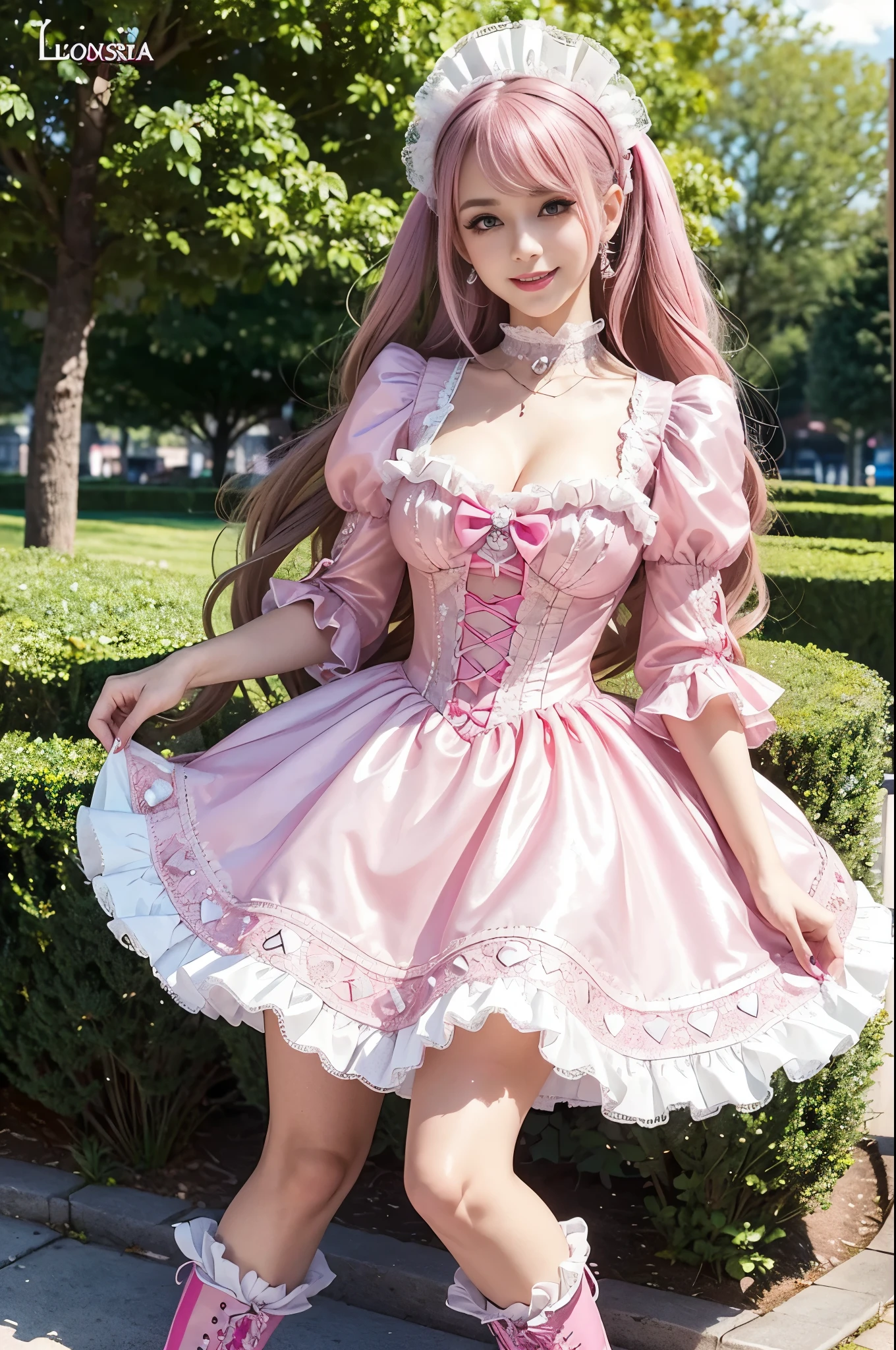 sexy stylish Spanish model, only 1 female, ((doll-like appearance)), long neon pink stylish hair, ((shiny Victorian-Style boots)), (big smile), ultra detailed eyes, very detailed eye makeup, lipgloss, long lashes, defined eyebrows, ((sexy Sweet Lolita cosplay)), bell-shaped skirt, petticoats, high neckline, puffed sleeves, ((ultra detailed lace)), ((ultra detailed embroidery)), intricate details, animals, fairy tales, heart-shaped bag, Sweet Lolita accessoires, large bow, Sweet Lolita choker, ((large sparkling Sweet Lolita jewelry)), cinematic light, detailed large park background with trees 