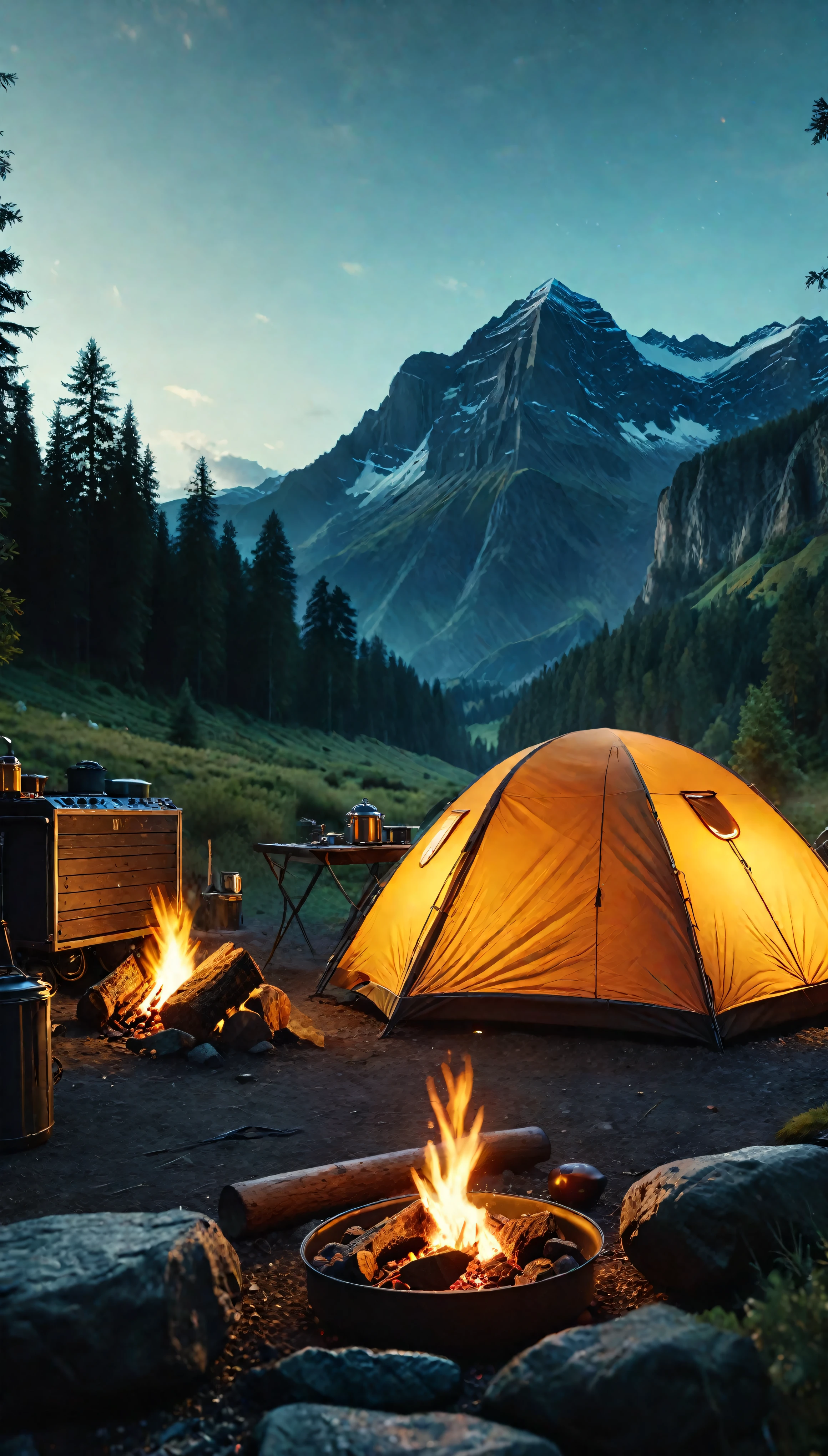 ((Masterpiece in maximum 16K resolution):1.6),((soft_color_photograpy:)1.5), ((Ultra-Detailed):1.4),((Movie-like still images and dynamic angles):1.3),((Wide cinematic lens):1.1). | ((Wide Cinematic shot of a warm campsite in a beautiful outdoors):1.2), ((a warm campsite):1.1), ((beautiful outdoors):1.3), (wide cinematic lens), (tyndall effect), (awesome landscape), (majestic sky), (heartwarming atmosphere), (shimmer), (visual experience) ,(Realism), (Realistic),award-winning graphics, dark shot, film grain, extremely detailed, Digital Art, rtx, Unreal Engine, scene concept anti glare effect, All captured with sharp focus. | Rendered in ultra-high definition with UHD and retina quality, this masterpiece ensures anatomical correctness and textured skin with super detail. With a focus on high quality and accuracy, this award-winning portrayal captures every nuance in stunning 16k resolution, immersing viewers in its lifelike depiction. | ((perfect_composition, perfect_design, perfect_layout, perfect_detail, ultra_detailed)), ((enhance_all, fix_everything)), More Detail, Enhance.