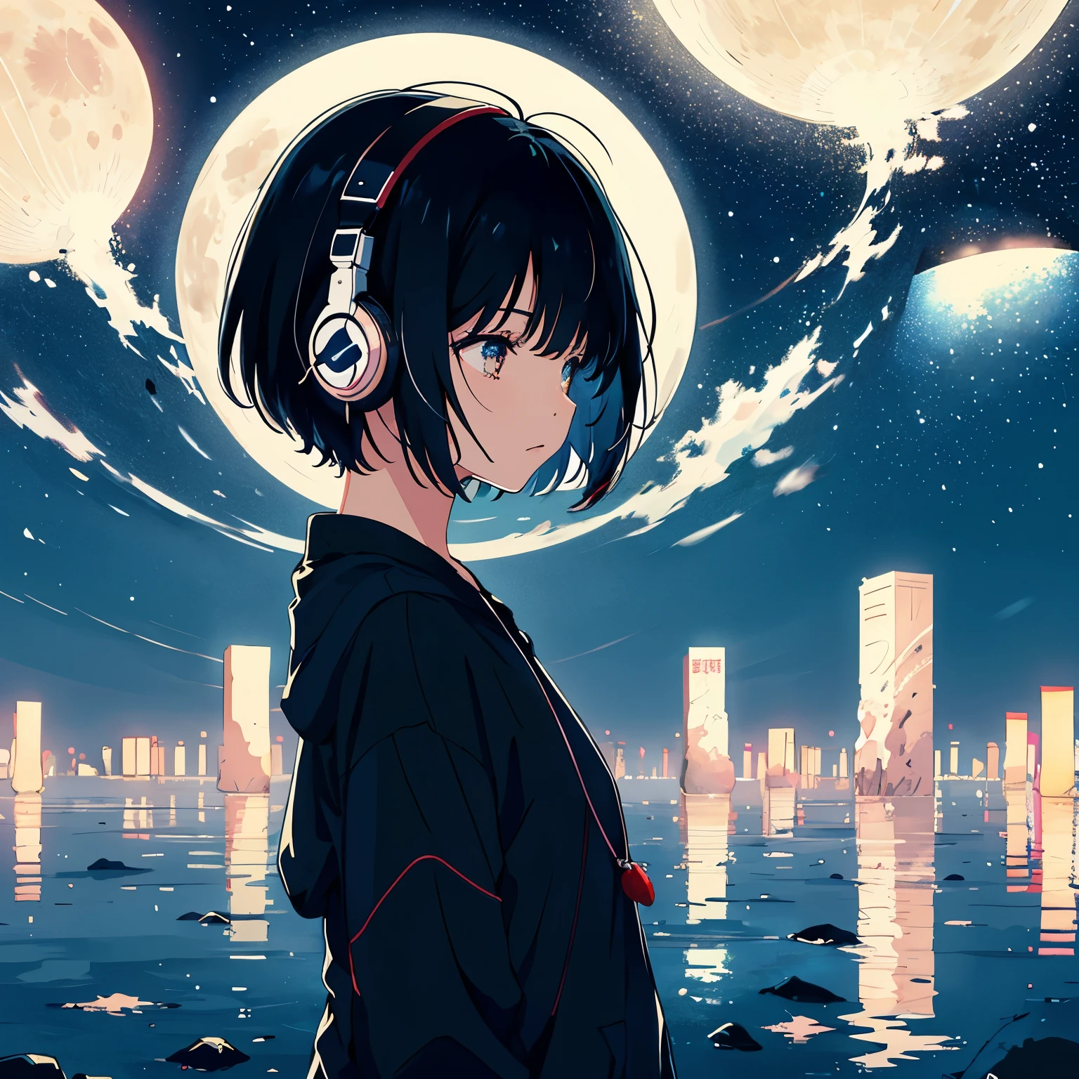 Create an illustration of a short-haired girl with black hair, wearing headphones. The girl should appear to be around 18 years old. The themes to emphasize are solitude, silence, the depth of night, and sentimentality. The girl should have a calm and slightly melancholic expression. The background should be dark with subtle elements that hint at nighttime, such as faint stars or a moon. The overall style should be soft and sentimental, reflecting a sense of quiet and solitude.