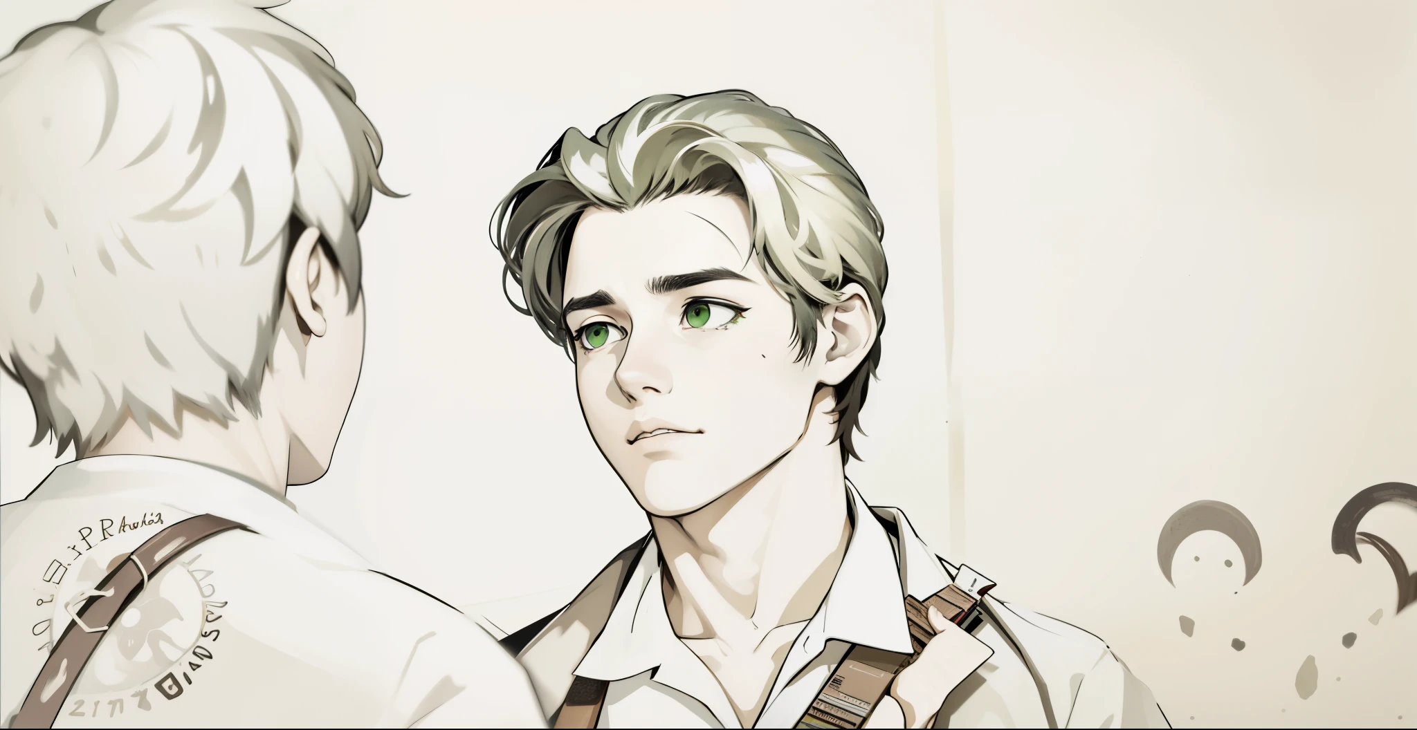  17 years old, they are in school, their hair is dark brown, their green eyes are sad.