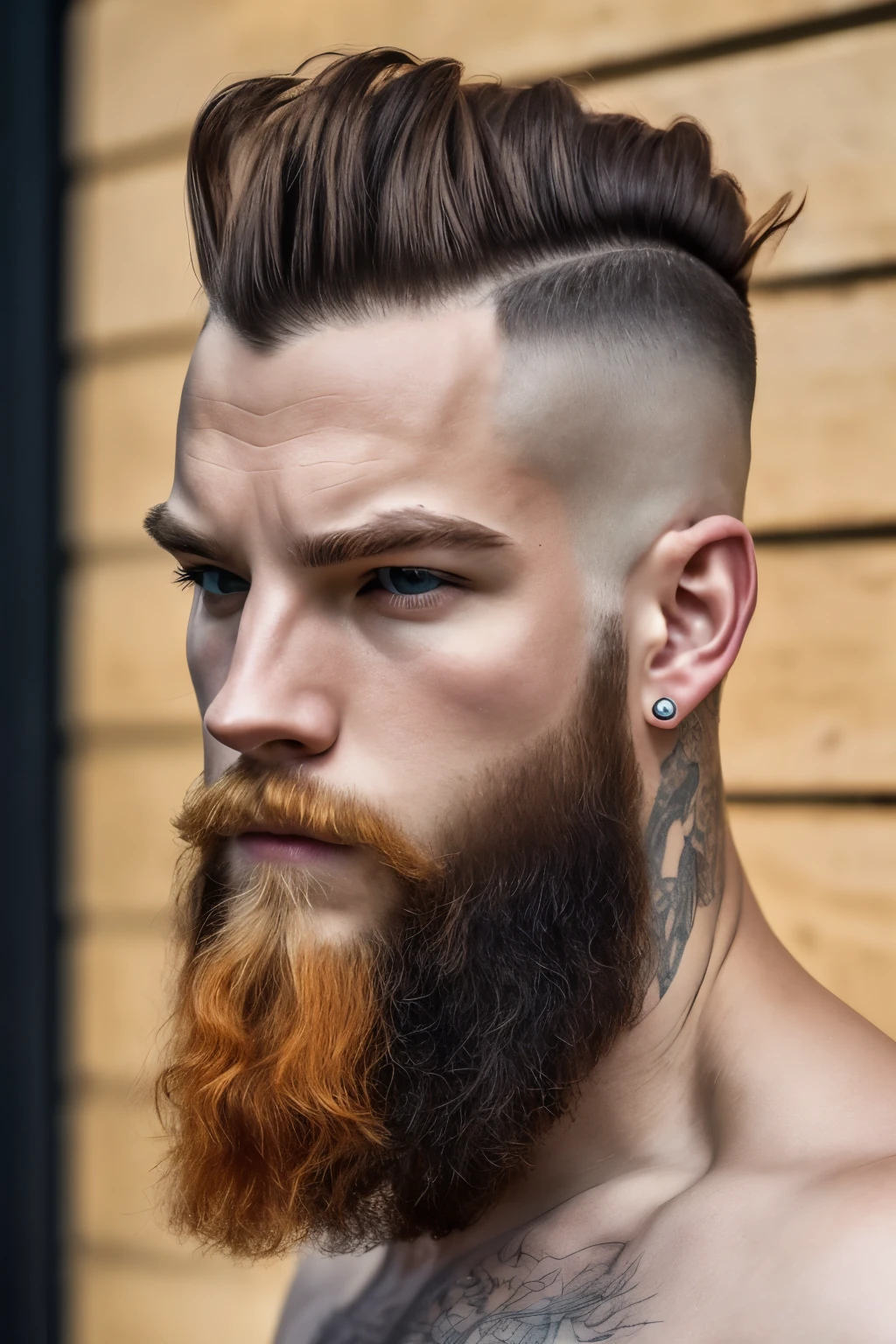 ((melhor qualidade)), ((Obra de arte)), (detalhado), rosto perfeito, Man, Nordic tattoos, muscular, braided mohawk viking hair, no armor, no adornments, serious facial expression, flexing his muscles, eyes with fire in the iris.