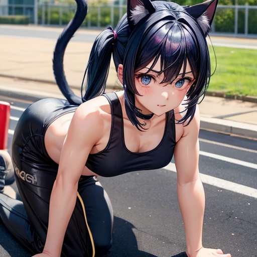 A girl with dark blue hair, cat ears and a tail, wearing a tank top and racing pants.　Loli body type　　Twin tails　Female genitalia is visible　On all fours