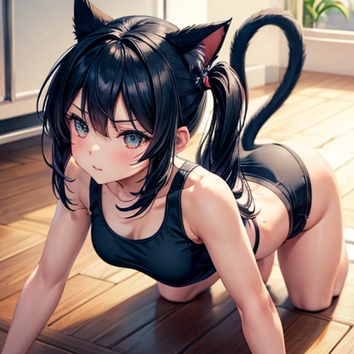 A girl with dark blue hair, cat ears and a tail, wearing a black bikini and racing pants　Loli body type　　Twin tails　Female genitalia is visible　On all fours　Detailed depiction of female genitalia　Flat Chest