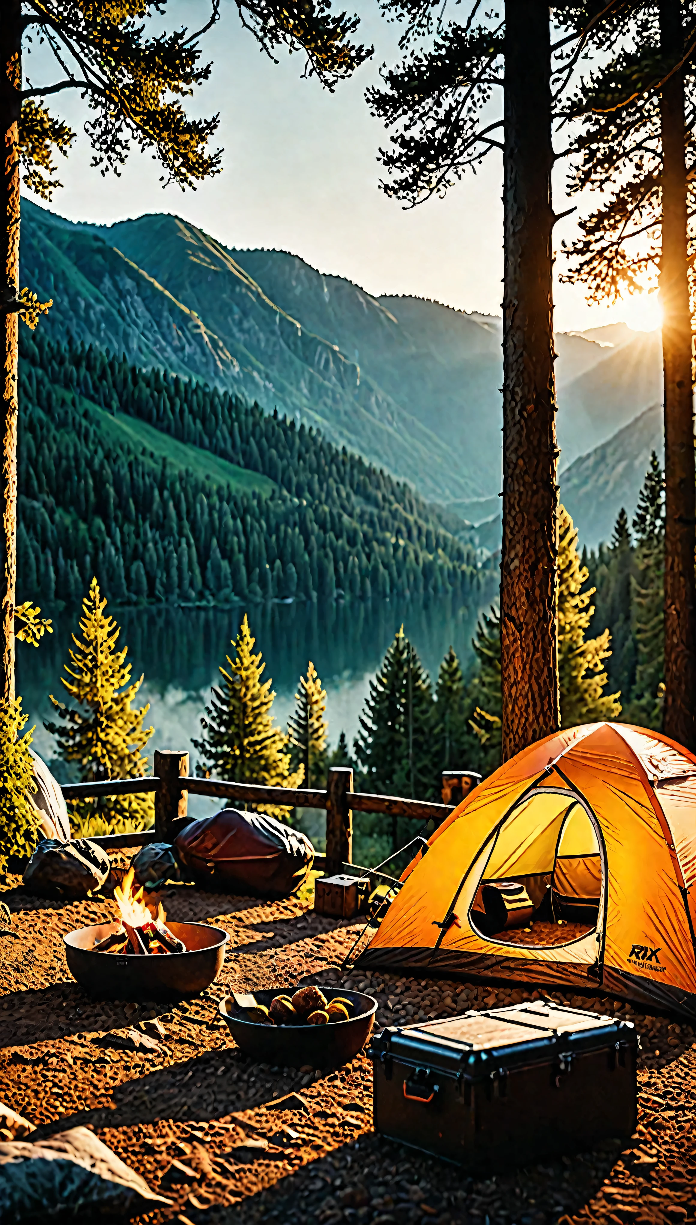 ((Masterpiece in maximum 16K resolution):1.6),((soft_color_photograpy:)1.5), ((Ultra-Detailed):1.4),((Movie-like still images and dynamic angles):1.3),((Wide cinematic lens):1.1). | ((Wide Cinematic shot of a warm campsite in a beautiful outdoors):1.2), ((a warm campsite):1.1), ((beautiful outdoors):1.3), (wide cinematic lens), (tyndall effect), (awesome landscape), (majestic sky), (heartwarming atmosphere), (shimmer), (visual experience) ,(Realism), (Realistic),award-winning graphics, dark shot, film grain, extremely detailed, Digital Art, rtx, Unreal Engine, scene concept anti glare effect, All captured with sharp focus. | Rendered in ultra-high definition with UHD and retina quality, this masterpiece ensures anatomical correctness and textured skin with super detail. With a focus on high quality and accuracy, this award-winning portrayal captures every nuance in stunning 16k resolution, immersing viewers in its lifelike depiction. | ((perfect_composition, perfect_design, perfect_layout, perfect_detail, ultra_detailed)), ((enhance_all, fix_everything)), More Detail, Enhance.
