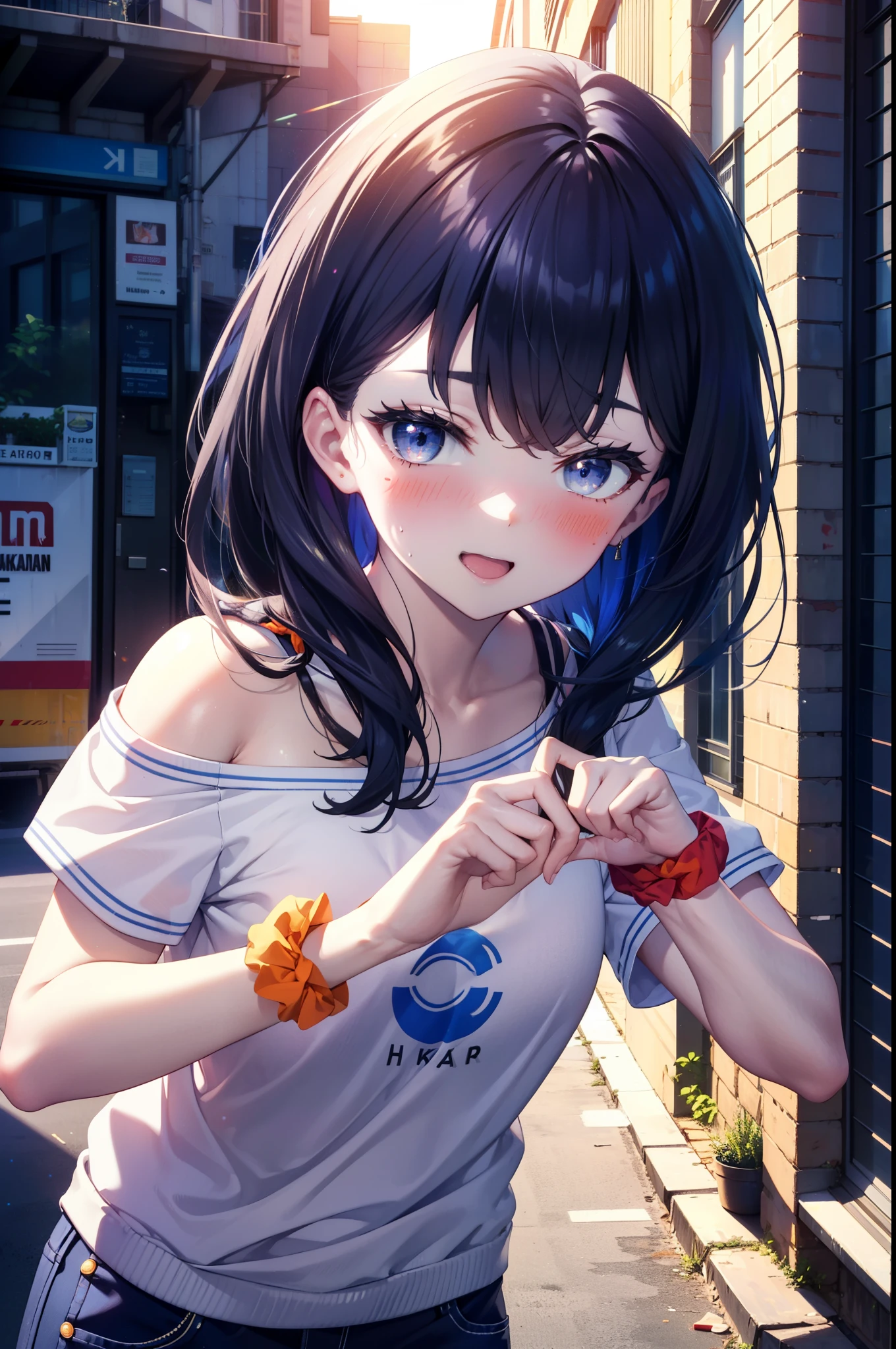Rikka body, rikka takarada, Black Hair, blue eyes, Long Hair, orange Scrunchie, Scrunchie, wrist Scrunchie,happy smile, smile, Open your mouth,blush,hair band,Cordo shoulder top,Short sleeve,skinny pants,High Top Sneakers,morning,morning陽,The sun is rising,whole bodyがイラストに入るように,walk,
break looking at viewer, whole body,
break outdoors, city,construction area,
break (masterpiece:1.2), highest quality, High resolution, unity 8k wallpaper, (shape:0.8), (Beautiful details:1.6), Highly detailed face, Perfect lighting, Extremely detailed CG, (Perfect hands, Perfect Anatomy),