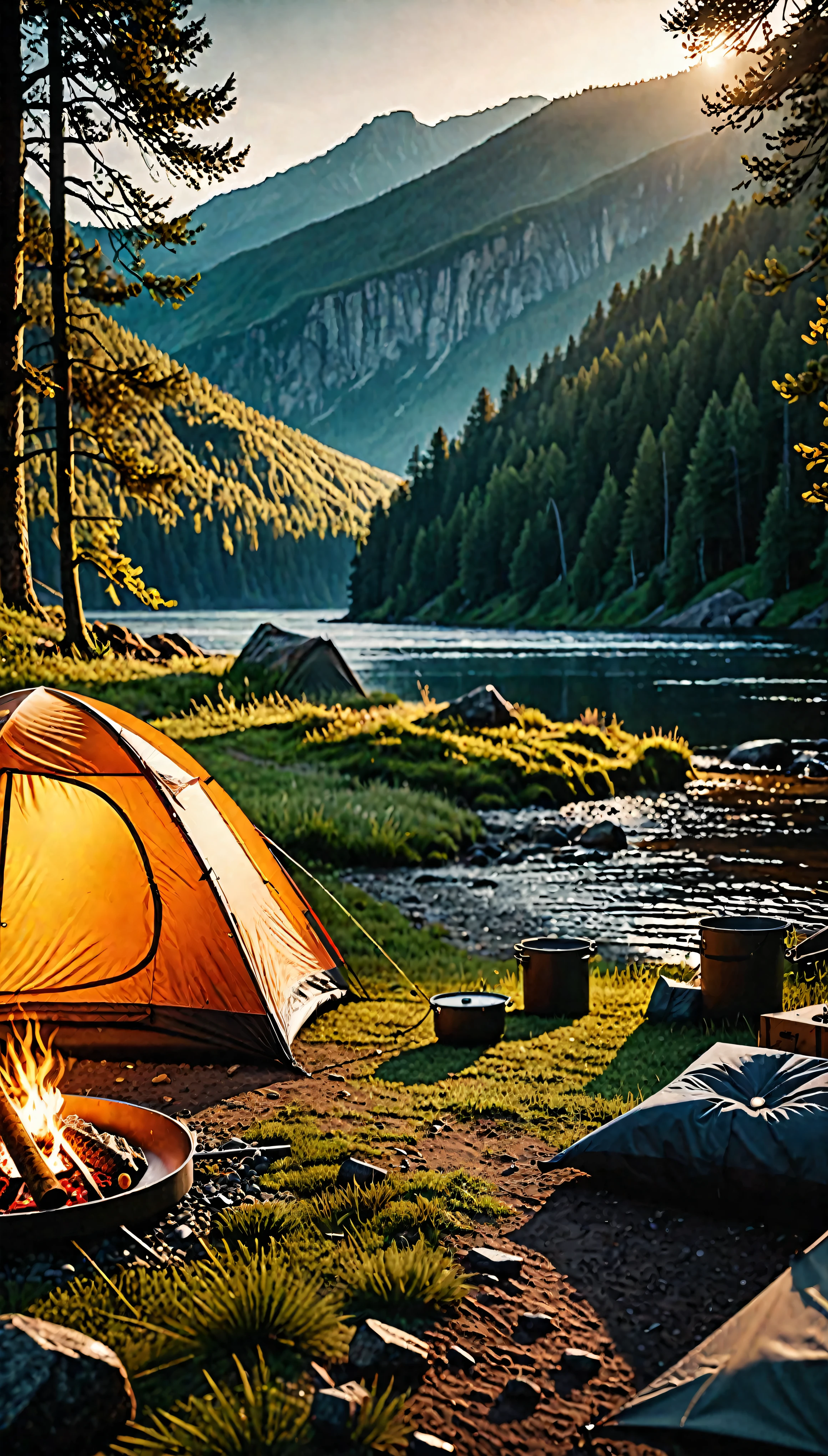 ((Masterpiece in maximum 16K resolution):1.6),((soft_color_photograpy:)1.5), ((Ultra-Detailed):1.4),((Movie-like still images and dynamic angles):1.3),((Wide cinematic lens):1.1). | ((Wide Cinematic shot of a warm campsite in a beautiful outdoors):1.2), ((a warm campsite):1.1), ((beautiful outdoors):1.3), (wide cinematic lens), (tyndall effect), (awesome landscape), (majestic sky), (heartwarming atmosphere), (shimmer), (visual experience) ,(Realism), (Realistic),award-winning graphics, dark shot, film grain, extremely detailed, Digital Art, rtx, Unreal Engine, scene concept anti glare effect, All captured with sharp focus. | Rendered in ultra-high definition with UHD and retina quality, this masterpiece ensures anatomical correctness and textured skin with super detail. With a focus on high quality and accuracy, this award-winning portrayal captures every nuance in stunning 16k resolution, immersing viewers in its lifelike depiction. | ((perfect_composition, perfect_design, perfect_layout, perfect_detail, ultra_detailed)), ((enhance_all, fix_everything)), More Detail, Enhance.