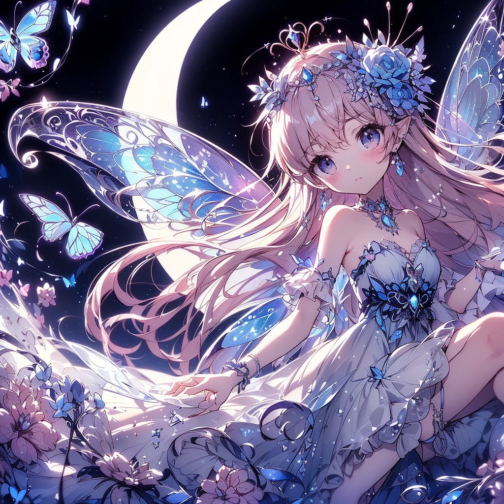 (Exquisite, beautiful, Very detailed, masterpiece, High resolution,high quality,High resolution),(Well-formed face,Soft and thin lines: 1.2, beautiful, Delicate and vivid illustrations with a mature and clear feel), In the middle of the night under the glittering crescent moon, a fairy princess with a clear, delicate, beautiful face and butterfly-like wings is flying happily through the moonlit sky., A vivid starry night with meteors and stars shining in the moonlight,From a little distance,tiara, Star Earrings, Star Necklace,Bracelet,ring,), ((A gorgeous ball gown dress with lots of frills and a moon motif.:1.1, Balloon sleeves, Jewels, ribbons, lace and frills, Butterfly-like fairy wings growing from her back:1.5)), (Adorable,A shy smile,Pale pink blush, Plump pink lips,Beautiful and clear eyes,Large Bust, Fair skin, Good style),Starry sky texture,Vibrant pastel colors,Dreamy and cute fantasy world,Whole body,Colored pencil art