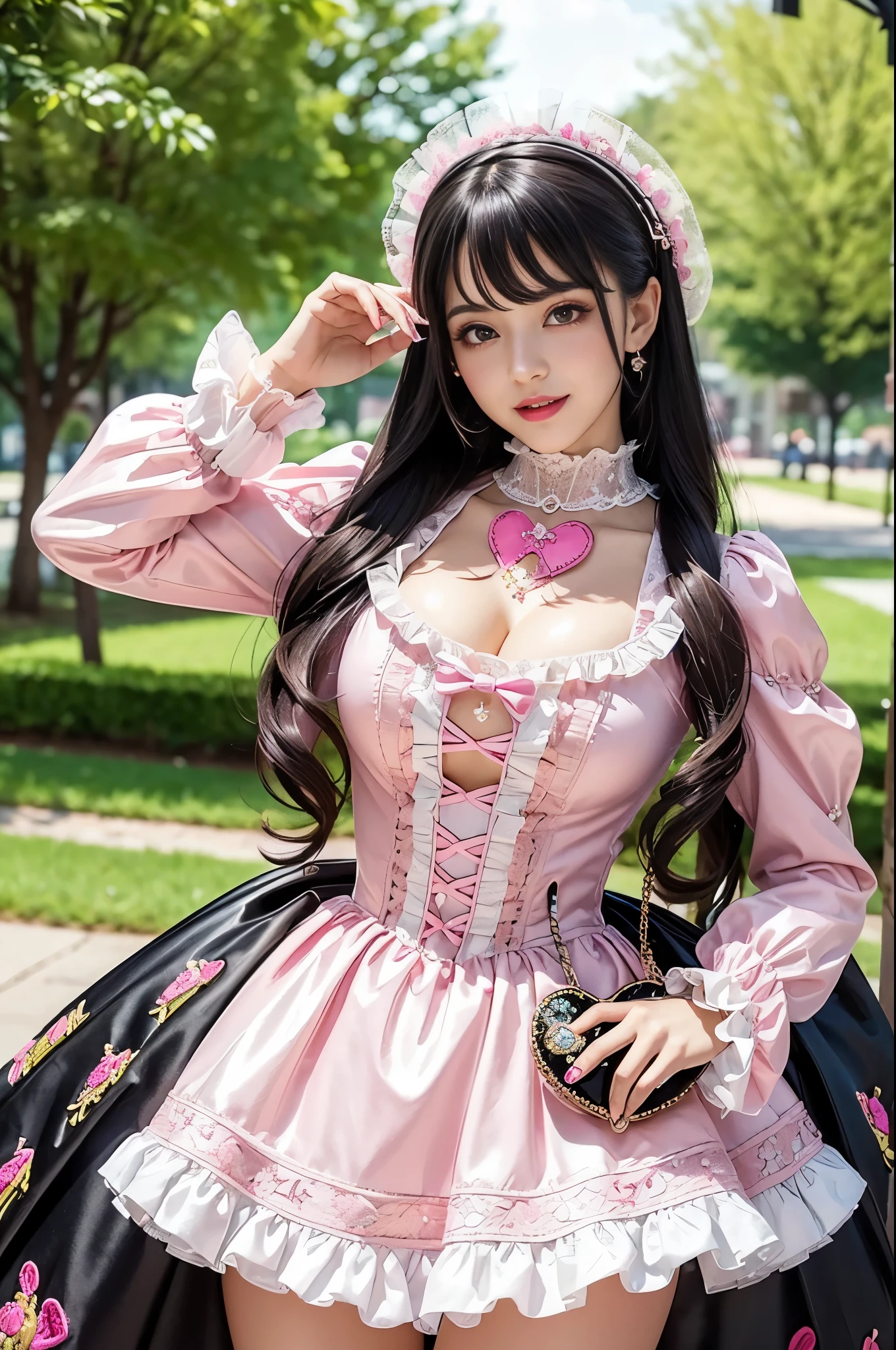 sexy stylish Spanish model, only 1 female, ((doll-like appearance)), long neon pink stylish hair, ((shiny Victorian-Style boots)), (big smile), ultra detailed eyes, very detailed eye makeup, lipgloss, long lashes, defined eyebrows, ((sexy Sweet Lolita cosplay)), bell-shaped skirt, petticoats, high neckline, puffed sleeves, ((ultra detailed lace)), ((ultra detailed embroidery)), intricate details, animals, fairy tales, heart-shaped bag, Sweet Lolita accessoires, large bow, Sweet Lolita choker, ((large sparkling Sweet Lolita jewelry)), cinematic light, detailed large park background with trees 