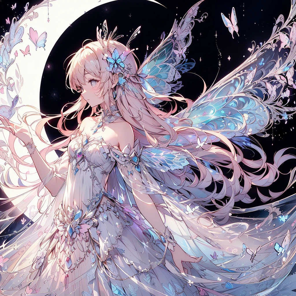 (Exquisite, beautiful, Very detailed, masterpiece, High resolution,high quality,High resolution),(Well-formed face,Soft and thin lines: 1.2, beautiful, Delicate and vivid illustrations with a mature and clear feel), In the middle of the night under the glittering crescent moon, a fairy princess with a clear, delicate, beautiful face and butterfly-like wings is flying happily through the moonlit sky., A vivid starry night with meteors and stars shining in the moonlight,From a little distance,tiara, Star Earrings, Star Necklace,Bracelet,ring,), ((A gorgeous ball gown dress with lots of frills and a moon motif.:1.1, Balloon sleeves, Jewels, ribbons, lace and frills, Butterfly-like fairy wings growing from her back:1.5)), (Adorable,A shy smile,Pale pink blush, Plump pink lips,Beautiful and clear eyes,Large Bust, Fair skin, Good style),Starry sky texture,Vibrant pastel colors,Dreamy and cute fantasy world,Whole body,Colored pencil art