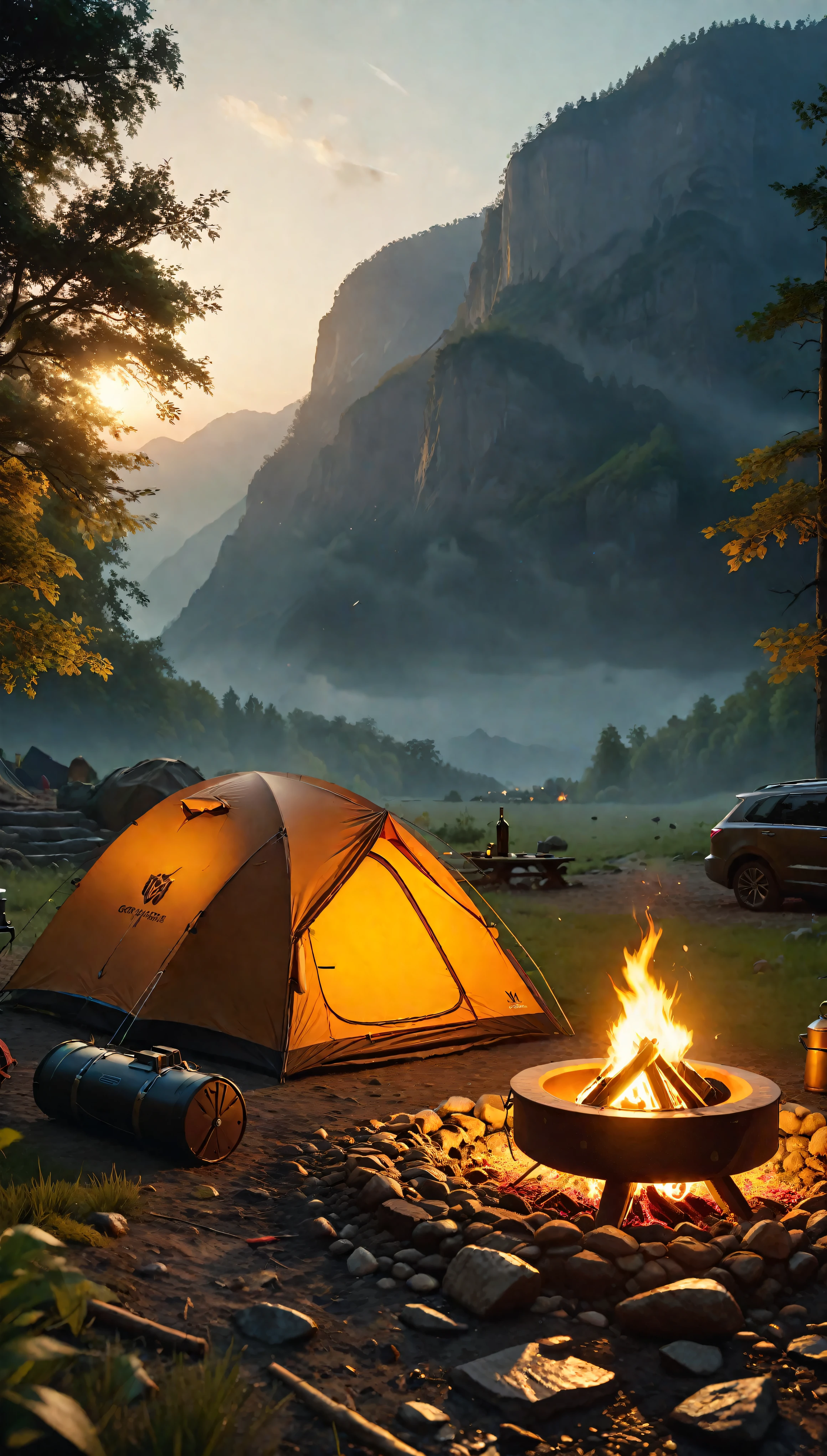 ((Masterpiece in maximum 16K resolution):1.6),((soft_color_photograpy:)1.5), ((Ultra-Detailed):1.4),((Movie-like still images and dynamic angles):1.3),((Wide cinematic lens):1.1). | ((Wide Cinematic shot of a warm campsite in a beautiful outdoors):1.2), ((a warm campsite):1.1), ((beautiful outdoors):1.3), (wide cinematic lens), (tyndall effect), (awesome landscape), (majestic sky), (heartwarming atmosphere), (shimmer), (visual experience) ,(Realism), (Realistic),award-winning graphics, dark shot, film grain, extremely detailed, Digital Art, rtx, Unreal Engine, scene concept anti glare effect, All captured with sharp focus. | Rendered in ultra-high definition with UHD and retina quality, this masterpiece ensures anatomical correctness and textured skin with super detail. With a focus on high quality and accuracy, this award-winning portrayal captures every nuance in stunning 16k resolution, immersing viewers in its lifelike depiction. | ((perfect_composition, perfect_design, perfect_layout, perfect_detail, ultra_detailed)), ((enhance_all, fix_everything)), More Detail, Enhance.