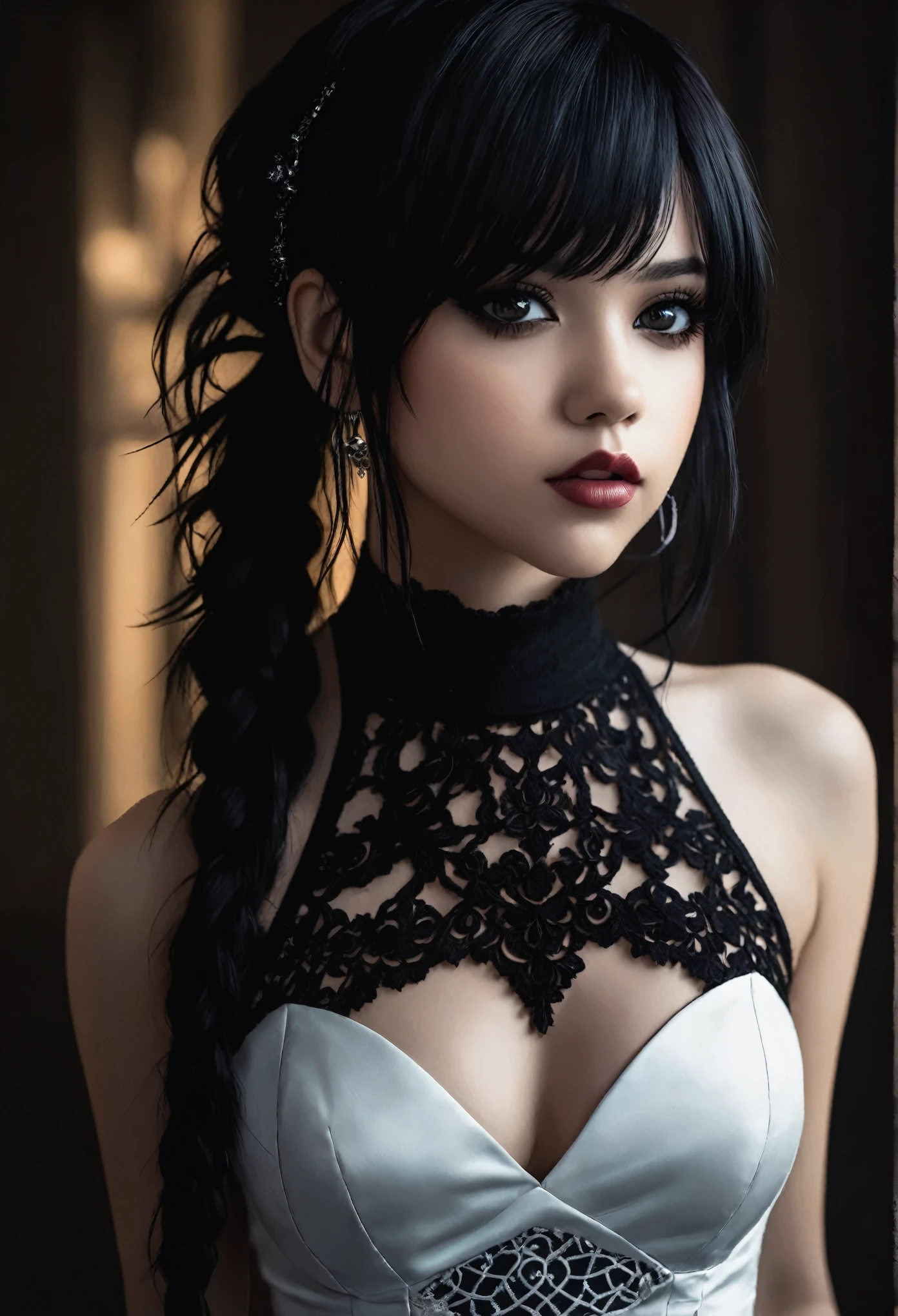 Jenna Ortega with black and white dress and black lace top, niedliches Gesicht. Dunkle Fantasie, with black pigtails, im Stil von Ross Tran, Detailgenauigkeit, beautiful, detailliertes Gesicht, extra langes Haar, ein geflochtener Pferdeschwanz auf dem Kopf, Nice haircut, (Blush:1.1), Perfect body shape, with tormented eyes and dark hair, [ trending on Abonnieren ]!!, jet black haired cyberpunk girl, fantastisch und launisch, 