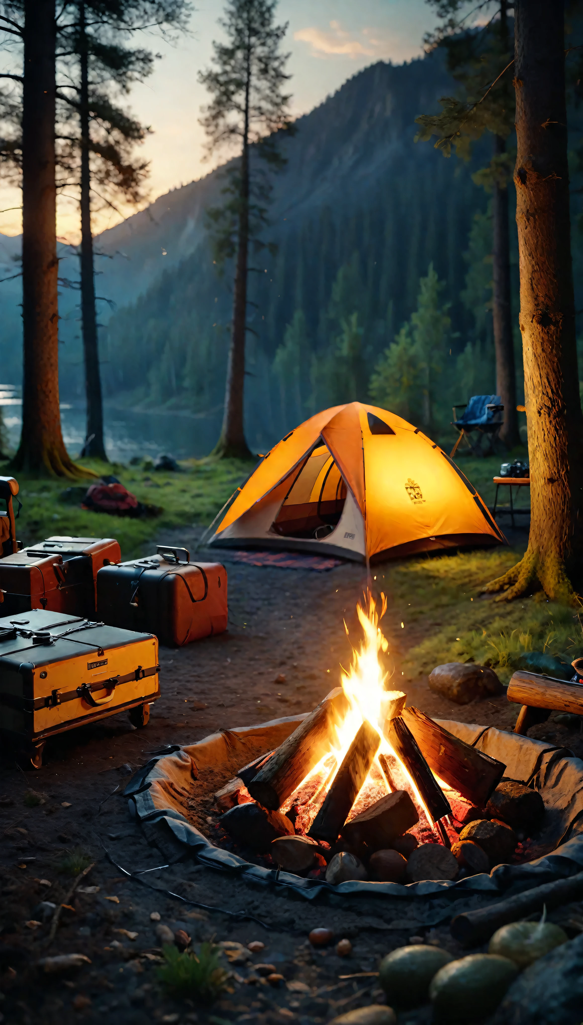 ((Masterpiece in maximum 16K resolution):1.6),((soft_color_photograpy:)1.5), ((Ultra-Detailed):1.4),((Movie-like still images and dynamic angles):1.3),((Wide cinematic lens):1.1). | ((Wide Cinematic shot of a warm campsite in a beautiful outdoors):1.2), ((a warm campsite):1.1), ((beautiful outdoors):1.3), (wide cinematic lens), (tyndall effect), (awesome landscape), (majestic sky), (heartwarming atmosphere), (shimmer), (visual experience) ,(Realism), (Realistic),award-winning graphics, dark shot, film grain, extremely detailed, Digital Art, rtx, Unreal Engine, scene concept anti glare effect, All captured with sharp focus. | Rendered in ultra-high definition with UHD and retina quality, this masterpiece ensures anatomical correctness and textured skin with super detail. With a focus on high quality and accuracy, this award-winning portrayal captures every nuance in stunning 16k resolution, immersing viewers in its lifelike depiction. | ((perfect_composition, perfect_design, perfect_layout, perfect_detail, ultra_detailed)), ((enhance_all, fix_everything)), More Detail, Enhance.