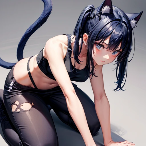 A girl with dark blue hair, cat ears and a tail, wearing a black bikini and racing pants　Loli body type　　Twin tails　Female genitalia is visible　On all fours　Detailed depiction of female genitalia　Flat Chest　Wearing a hoodie　Butt in detail　Holding a gun