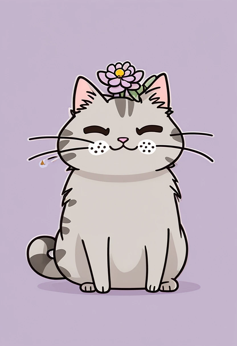 Erstelle eine Katze mit einer Blume auf dem Kopf, Pusheen-Stil. Comic, Cute cat, Discord-Profilbild, Oktopus Katze, Kawaii-Katze, dicke graue Chibi-Katze, sein Kopf ist eine Birne, Relaxo, Abonnieren, Detailliertes Bild, giftige Katze, Catgirl, angry cat, Miau, Zwietracht-Emoji, nekomimi, Katzenkopf