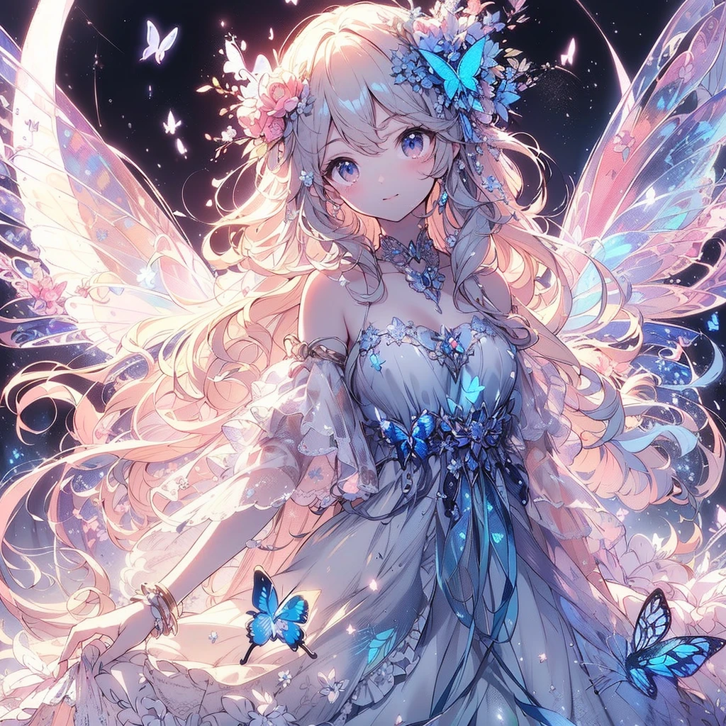 (Exquisite, beautiful, Very detailed, masterpiece, High resolution,high quality,High resolution),(Well-formed face,Soft and thin lines: 1.2, beautiful, Delicate and vivid illustrations with a mature and clear feel), In the middle of the night under the glittering crescent moon, a fairy princess with a clear, delicate, beautiful face and butterfly-like wings is flying happily through the moonlit sky., A vivid starry night with meteors and stars shining in the moonlight,From a little distance,tiara, Star Earrings, Star Necklace,Bracelet,ring,), ((A gorgeous ball gown dress with lots of frills and a moon motif.:1.1, Balloon sleeves, Jewels, ribbons, lace and frills, Butterfly-like fairy wings growing from her back:1.5)), (Adorable,A shy smile,Pale pink blush, Plump pink lips,Beautiful and clear eyes,Large Bust, Fair skin, Good style),Starry sky texture,Vibrant pastel colors,Dreamy and cute fantasy world,Whole body,Colored pencil art