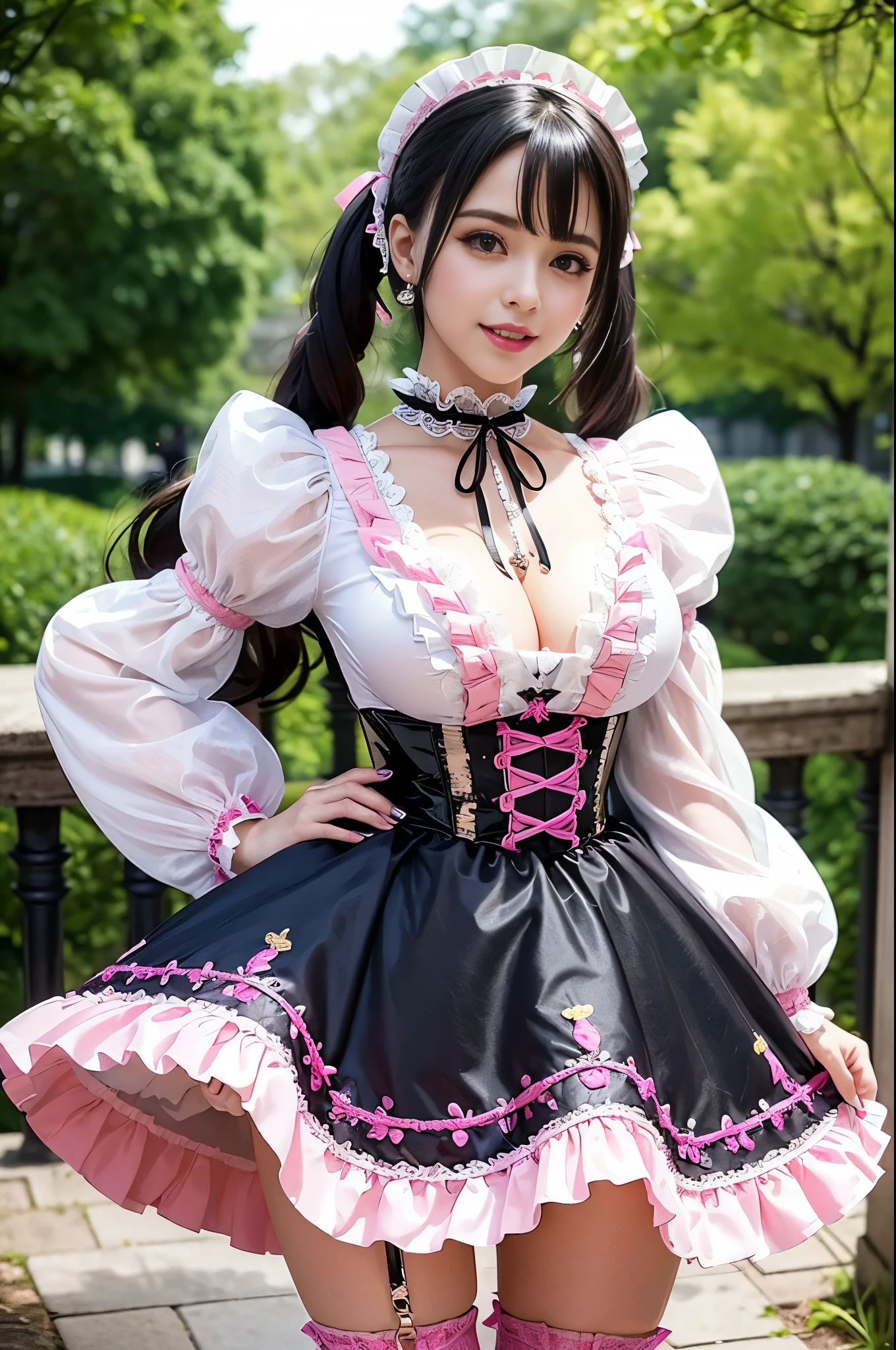sexy stylish Spanish model, only 1 female, ((doll-like appearance)), long neon pink stylish hair, ((shiny Victorian-Style boots)), (big smile), ultra detailed eyes, very detailed eye makeup, lipgloss, long lashes, defined eyebrows, ((sexy Sweet ta cosplay)), bell-shaped skirt, petticoats, high neckline, puffed sleeves, ((ultra detailed lace)), ((ultra detailed embroidery)), intricate details, animals, fairy tales, heart-shaped bag, Sweet Loliccessoires, large bow, Sweet Lolita cr, ((large sparkling Sweet Lolita jewel, cinematic light, detailed large park background with trees 