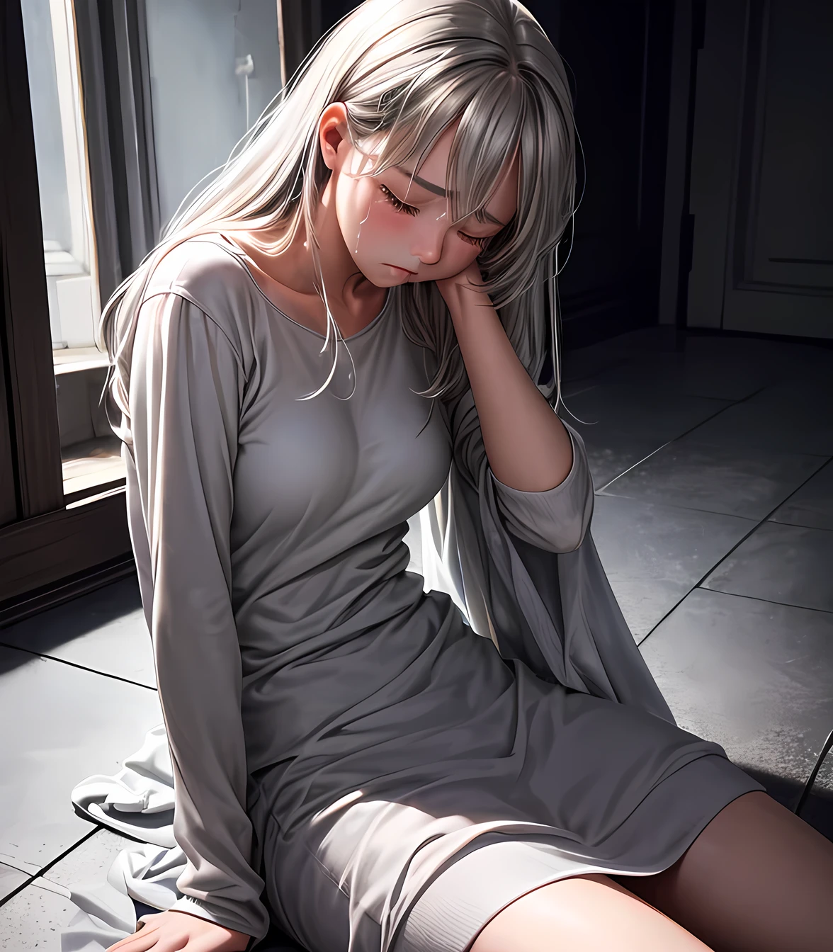 masterpiece, best quality, high detail, 1 girl, gray hair, eyes closed, (sitting on floor), sad, crying, (dark room, secluded room, empty room), spotlight, realistic, upper body
