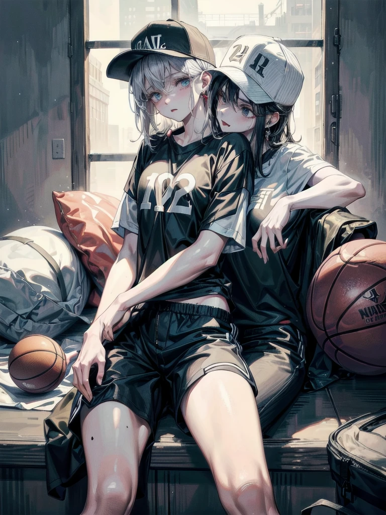 whole body, Basketball shirt, baseball cap, Hot Pants, absurdres, RAW photo, extremely delicate and beautiful, masterpiece, Best Quality, ultra high resolution, 32k, hyperrealistic, ultra-detailed, perfect figure, perfect shape, detailed description, pale skin, 20 years old, detailed beautiful face and eyes, tearful mole, earring, short medium hair, wavy hair,