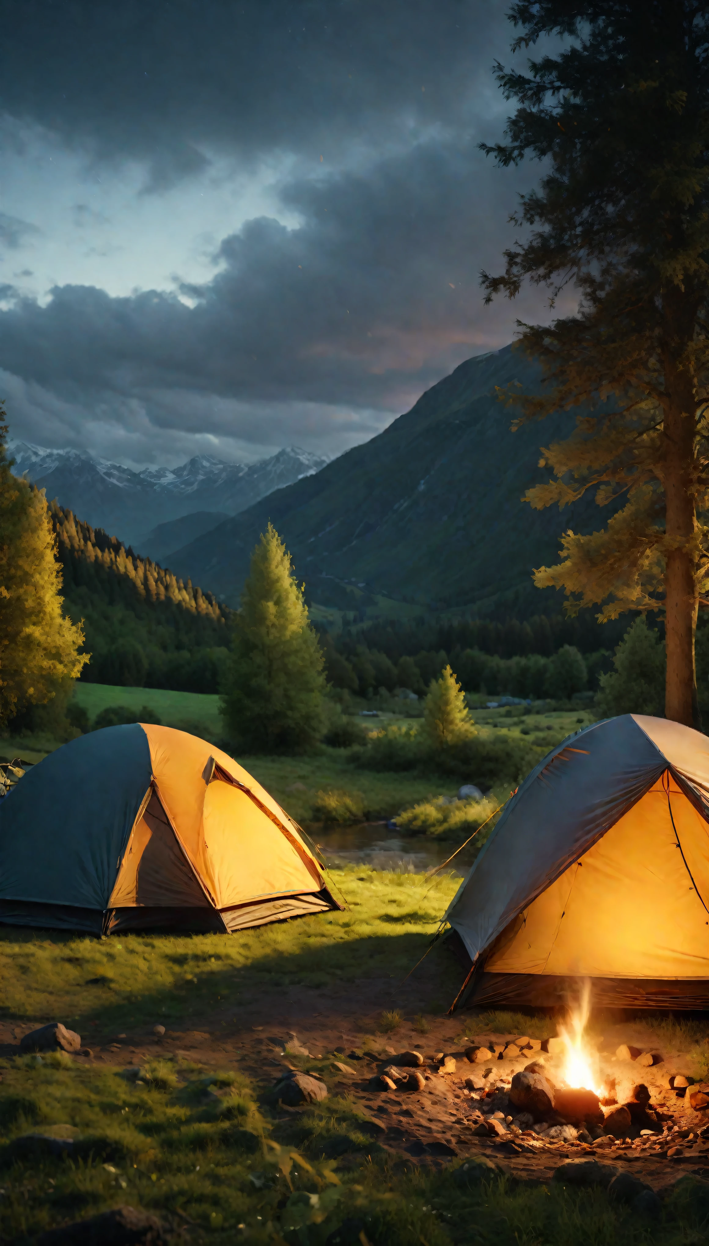 ((Masterpiece in maximum 16K resolution):1.6),((soft_color_photograpy:)1.5), ((Ultra-Detailed):1.4),((Movie-like still images and dynamic angles):1.3),((Wide cinematic lens):1.1). | ((Wide Cinematic shot of a warm campsite in a beautiful outdoors):1.2), ((a warm campsite):1.1), ((beautiful outdoors):1.3), (wide cinematic lens), (tyndall effect), (awesome landscape), (majestic sky), (heartwarming atmosphere), (shimmer), (visual experience) ,(Realism), (Realistic),award-winning graphics, dark shot, film grain, extremely detailed, Digital Art, rtx, Unreal Engine, scene concept anti glare effect, All captured with sharp focus. | Rendered in ultra-high definition with UHD and retina quality, this masterpiece ensures anatomical correctness and textured skin with super detail. With a focus on high quality and accuracy, this award-winning portrayal captures every nuance in stunning 16k resolution, immersing viewers in its lifelike depiction. | ((perfect_composition, perfect_design, perfect_layout, perfect_detail, ultra_detailed)), ((enhance_all, fix_everything)), More Detail, Enhance.