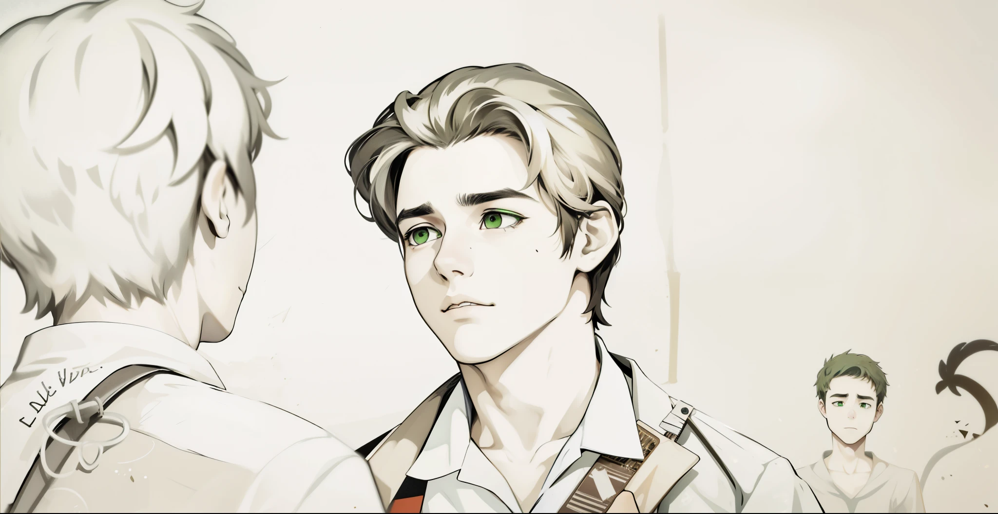 17 years old, they are in school, their hair is dark brown, their green eyes are sad.