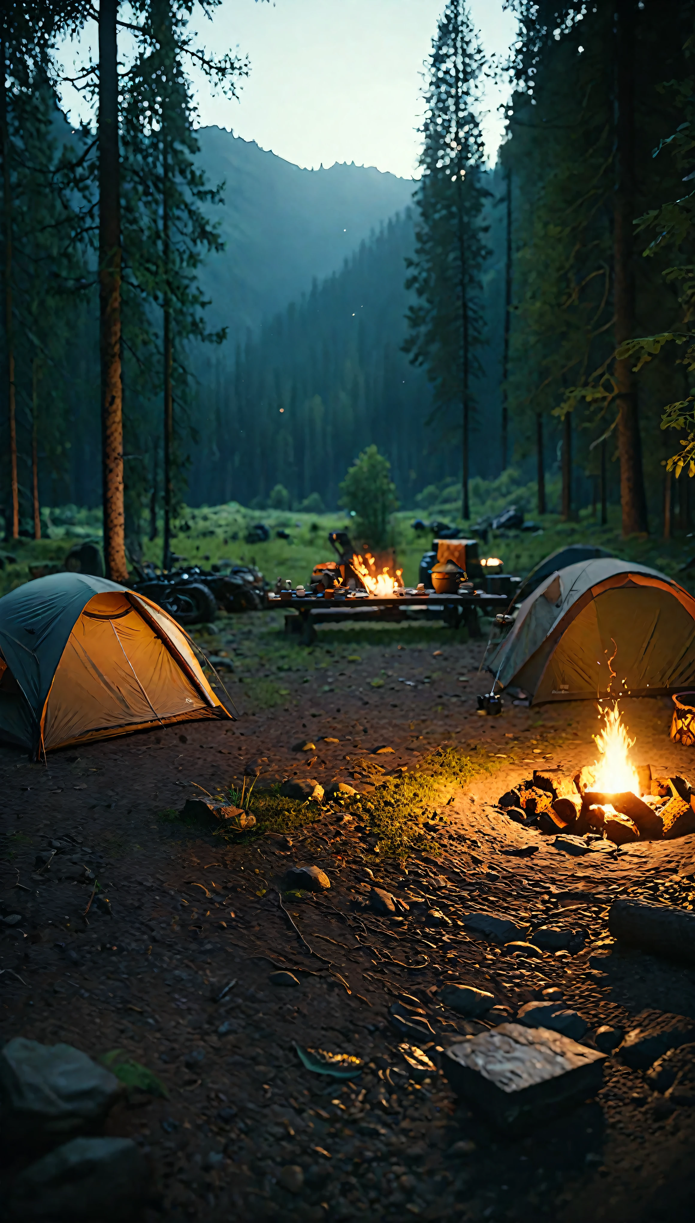 ((Masterpiece in maximum 16K resolution):1.6),((soft_color_photograpy:)1.5), ((Ultra-Detailed):1.4),((Movie-like still images and dynamic angles):1.3),((Wide cinematic lens):1.1). | ((Wide Cinematic shot of a warm campsite in a beautiful outdoors):1.2), ((a warm campsite):1.1), ((beautiful outdoors):1.3), (wide cinematic lens), (tyndall effect), (awesome landscape), (majestic sky), (heartwarming atmosphere), (shimmer), (visual experience) ,(Realism), (Realistic),award-winning graphics, dark shot, film grain, extremely detailed, Digital Art, rtx, Unreal Engine, scene concept anti glare effect, All captured with sharp focus. | Rendered in ultra-high definition with UHD and retina quality, this masterpiece ensures anatomical correctness and textured skin with super detail. With a focus on high quality and accuracy, this award-winning portrayal captures every nuance in stunning 16k resolution, immersing viewers in its lifelike depiction. | ((perfect_composition, perfect_design, perfect_layout, perfect_detail, ultra_detailed)), ((enhance_all, fix_everything)), More Detail, Enhance.