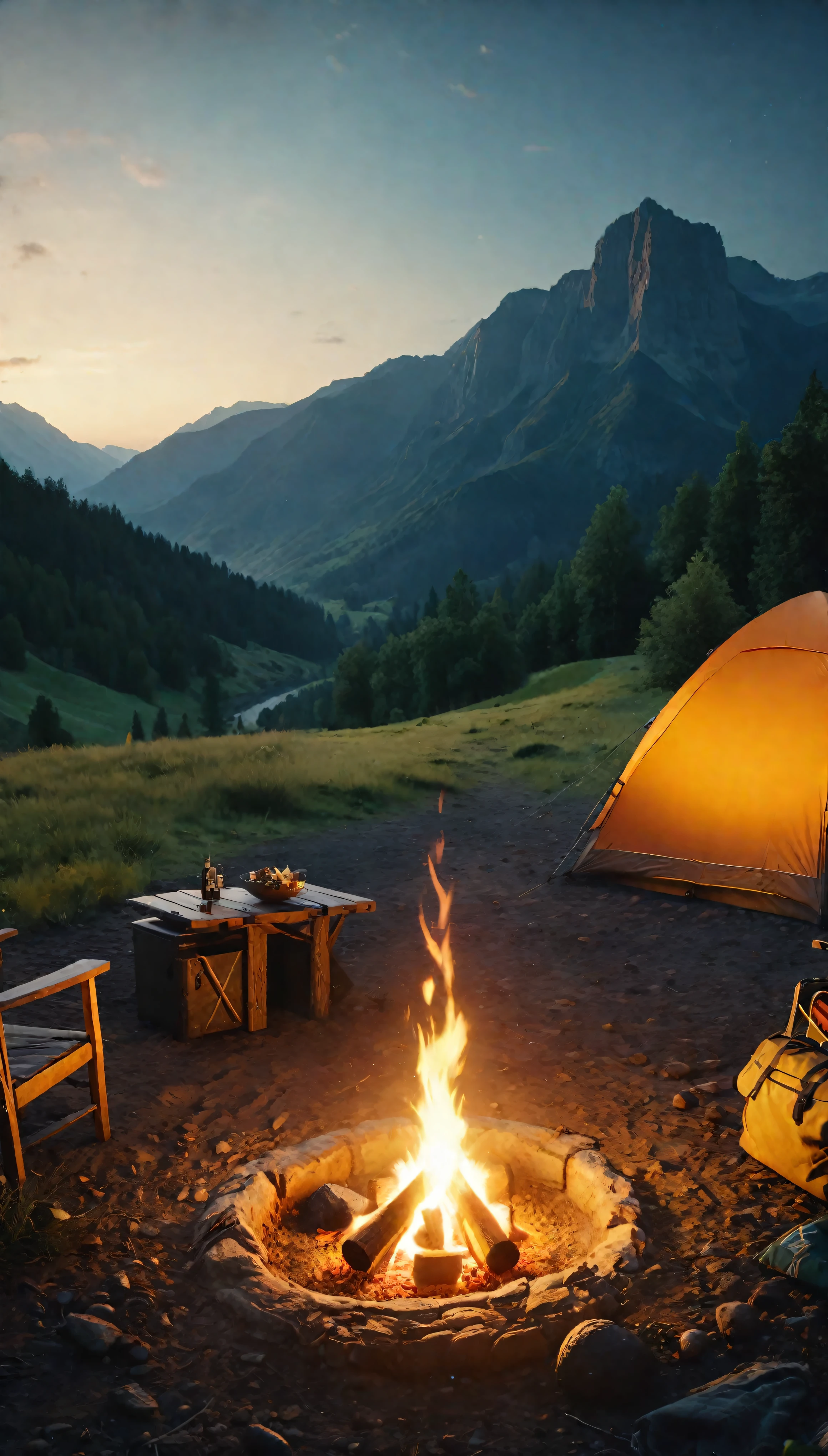 ((Masterpiece in maximum 16K resolution):1.6),((soft_color_photograpy:)1.5), ((Ultra-Detailed):1.4),((Movie-like still images and dynamic angles):1.3),((Wide cinematic lens):1.1). | ((Wide Cinematic shot of a warm campsite in a beautiful outdoors):1.2), ((a warm campsite):1.1), ((beautiful outdoors):1.3), (wide cinematic lens), (tyndall effect), (awesome landscape), (majestic sky), (heartwarming atmosphere), (shimmer), (visual experience) ,(Realism), (Realistic),award-winning graphics, dark shot, film grain, extremely detailed, Digital Art, rtx, Unreal Engine, scene concept anti glare effect, All captured with sharp focus. | Rendered in ultra-high definition with UHD and retina quality, this masterpiece ensures anatomical correctness and textured skin with super detail. With a focus on high quality and accuracy, this award-winning portrayal captures every nuance in stunning 16k resolution, immersing viewers in its lifelike depiction. | ((perfect_composition, perfect_design, perfect_layout, perfect_detail, ultra_detailed)), ((enhance_all, fix_everything)), More Detail, Enhance.