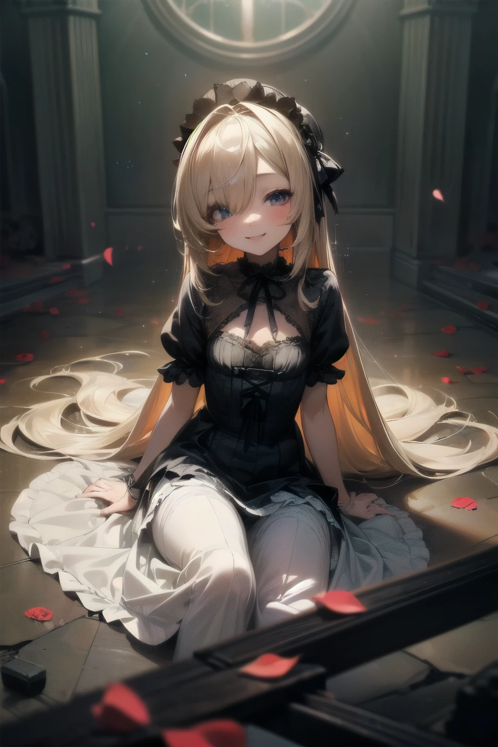 ((Masterpiece)), (Anime:1.3), ((best quality)), (Professional Photography:1.3), (super detail:1.2), (High Definition:1.3), (), 8K, lens flare, wide shot, Textured skin, cinematic lighting, 1girl, ((Beautiful Gothic Lolita pure-white-Dresses)), (very hoop-dress), Luxury roses embroidery, cute innocent young girl, (hair over one eye), Slender and small breasts, (long silky blond hair), (gothic lolita makeup), beautiful hair, (smile of ecstasy), (cute sparkle), (Healthy body), ((sitting on the rubbles)), Light particles, (Rose petals are scattered), (sharp focus), (perfect light),