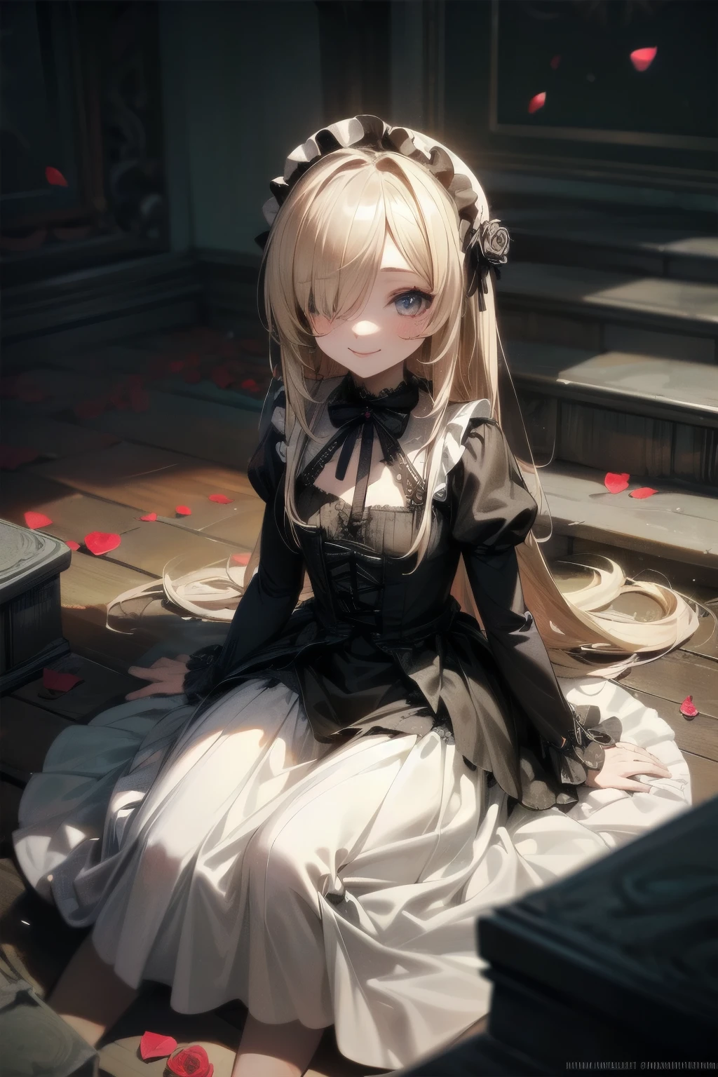 ((Masterpiece)), (Anime:1.3), ((best quality)), (Professional Photography:1.3), (super detail:1.2), (High Definition:1.3), (), 8K, lens flare, wide shot, Textured skin, cinematic lighting, 1girl, ((Beautiful Gothic Lolita pure-white-Dresses)), (very hoop-dress), Luxury roses embroidery, cute innocent young girl, (hair over one eye), Slender and small breasts, (long silky blond hair), (gothic lolita makeup), beautiful hair, (smile of ecstasy), (cute sparkle), (Healthy body), ((sitting on the rubbles)), Light particles, (Rose petals are scattered), (sharp focus), (perfect light),