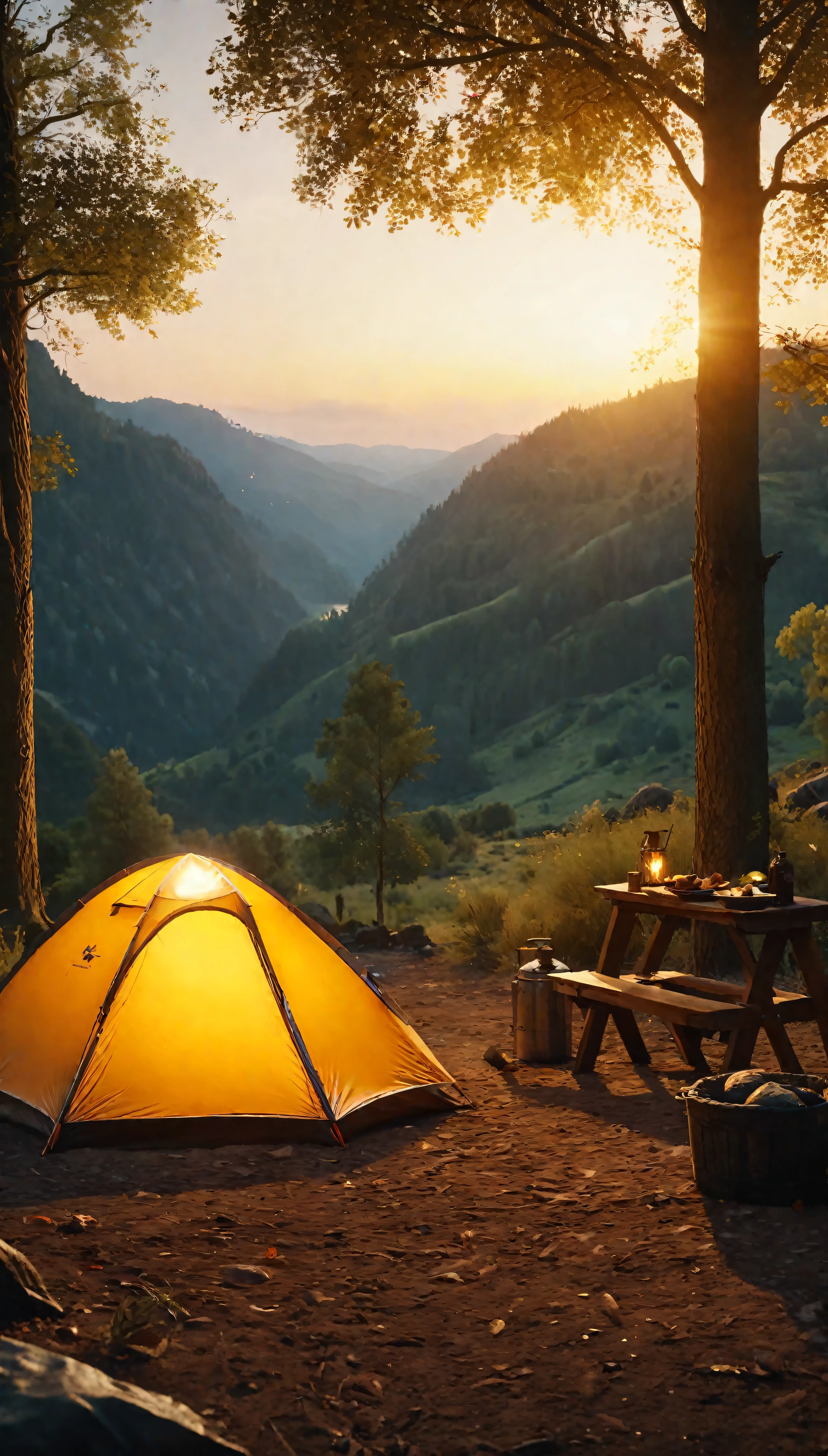 ((Masterpiece in maximum 16K resolution):1.6),((soft_color_photograpy:)1.5), ((Ultra-Detailed):1.4),((Movie-like still images and dynamic angles):1.3),((Wide cinematic lens):1.1). | ((Wide Cinematic shot of a warm campsite in a beautiful outdoors):1.2), ((a warm campsite):1.1), ((beautiful outdoors):1.3), (wide cinematic lens), (tyndall effect), (awesome landscape), (majestic sky), (heartwarming atmosphere), (shimmer), (visual experience) ,(Realism), (Realistic),award-winning graphics, dark shot, film grain, extremely detailed, Digital Art, rtx, Unreal Engine, scene concept anti glare effect, All captured with sharp focus. | Rendered in ultra-high definition with UHD and retina quality, this masterpiece ensures anatomical correctness and textured skin with super detail. With a focus on high quality and accuracy, this award-winning portrayal captures every nuance in stunning 16k resolution, immersing viewers in its lifelike depiction. | ((perfect_composition, perfect_design, perfect_layout, perfect_detail, ultra_detailed)), ((enhance_all, fix_everything)), More Detail, Enhance.