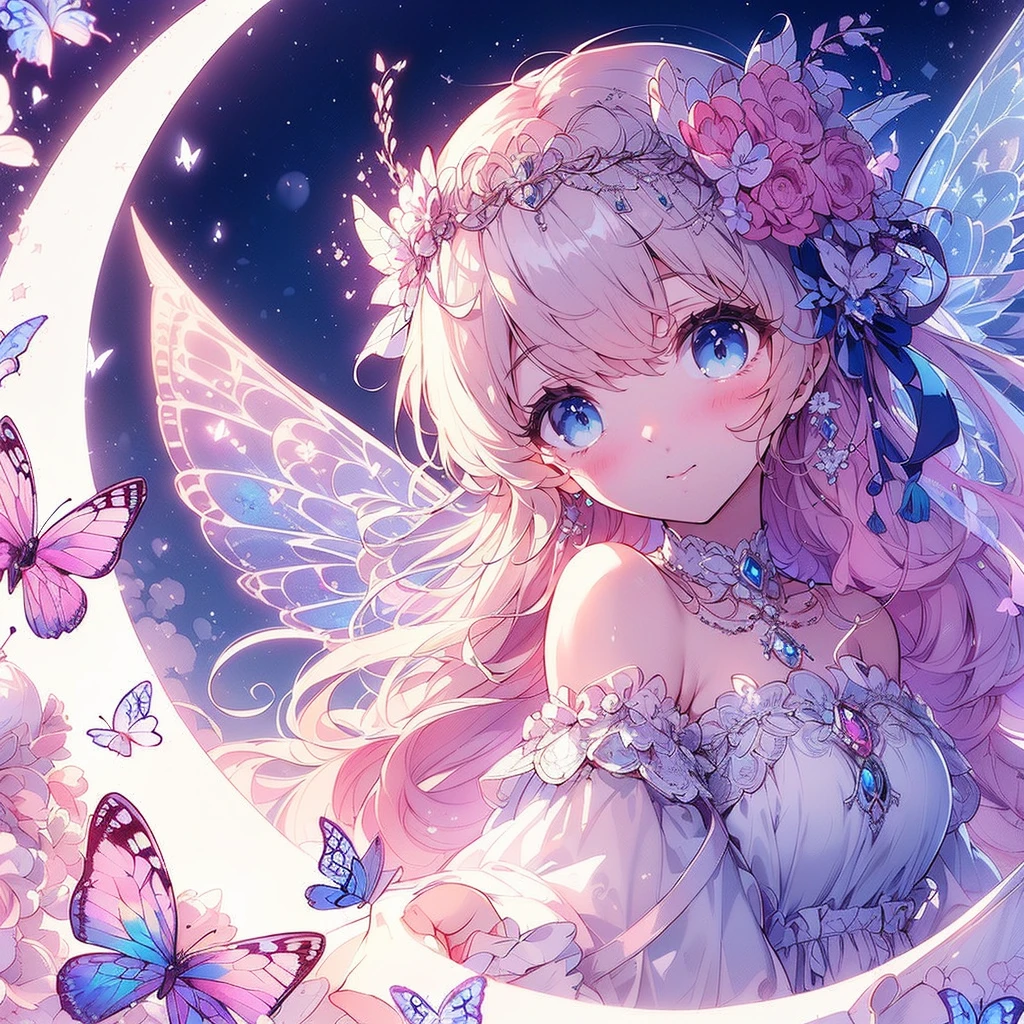 (Exquisite, beautiful, Very detailed, masterpiece, High resolution,high quality,High resolution),(Well-formed face,Soft and thin lines: 1.2, beautiful, Delicate and vivid illustrations with a mature and clear feel), In the middle of the night under the glittering crescent moon, a fairy princess with a clear, delicate, beautiful face and butterfly-like wings is flying happily through the moonlit sky., A vivid starry night with meteors and stars shining in the moonlight,From a little distance,tiara, Star Earrings, Star Necklace,Bracelet,ring,), ((A gorgeous ball gown dress with lots of frills and a moon motif.:1.1, Balloon sleeves, Jewels, ribbons, lace and frills, Butterfly-like fairy wings growing from her back:1.5)), (Adorable,A shy smile,Pale pink blush, Plump pink lips,Beautiful and clear eyes,Large Bust, Fair skin, Good style),Starry sky texture,Vibrant pastel colors,Dreamy and cute fantasy world,Whole body,Colored pencil art