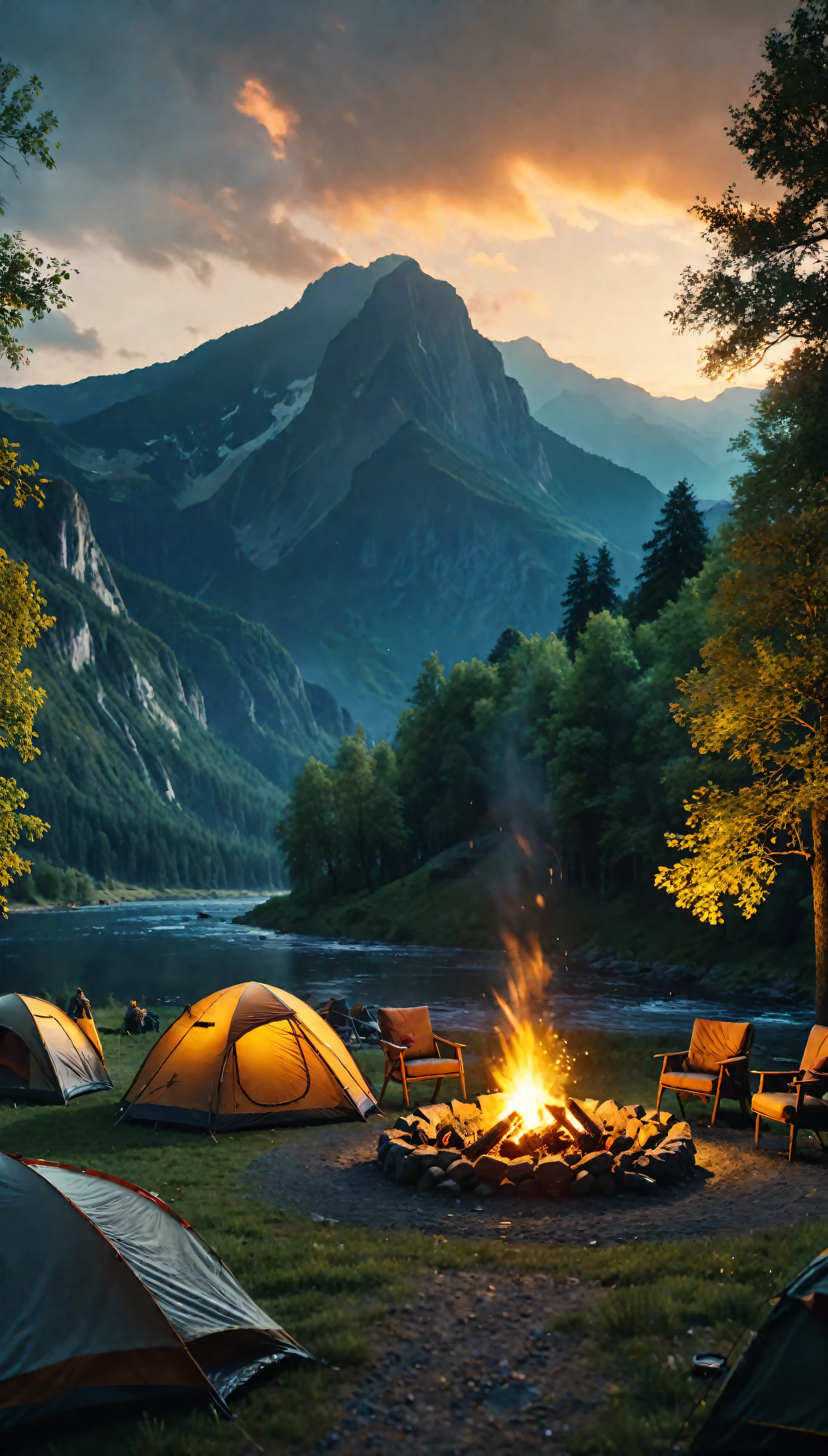 ((Masterpiece in maximum 16K resolution):1.6),((soft_color_photograpy:)1.5), ((Ultra-Detailed):1.4),((Movie-like still images and dynamic angles):1.3),((Wide cinematic lens):1.1). | ((Wide Cinematic shot of a warm campsite in a beautiful outdoors):1.2), ((a warm campsite):1.1), ((beautiful outdoors):1.3), (wide cinematic lens), (tyndall effect), (awesome landscape), (majestic sky), (heartwarming atmosphere), (shimmer), (visual experience) ,(Realism), (Realistic),award-winning graphics, dark shot, film grain, extremely detailed, Digital Art, rtx, Unreal Engine, scene concept anti glare effect, All captured with sharp focus. | Rendered in ultra-high definition with UHD and retina quality, this masterpiece ensures anatomical correctness and textured skin with super detail. With a focus on high quality and accuracy, this award-winning portrayal captures every nuance in stunning 16k resolution, immersing viewers in its lifelike depiction. | ((perfect_composition, perfect_design, perfect_layout, perfect_detail, ultra_detailed)), ((enhance_all, fix_everything)), More Detail, Enhance.