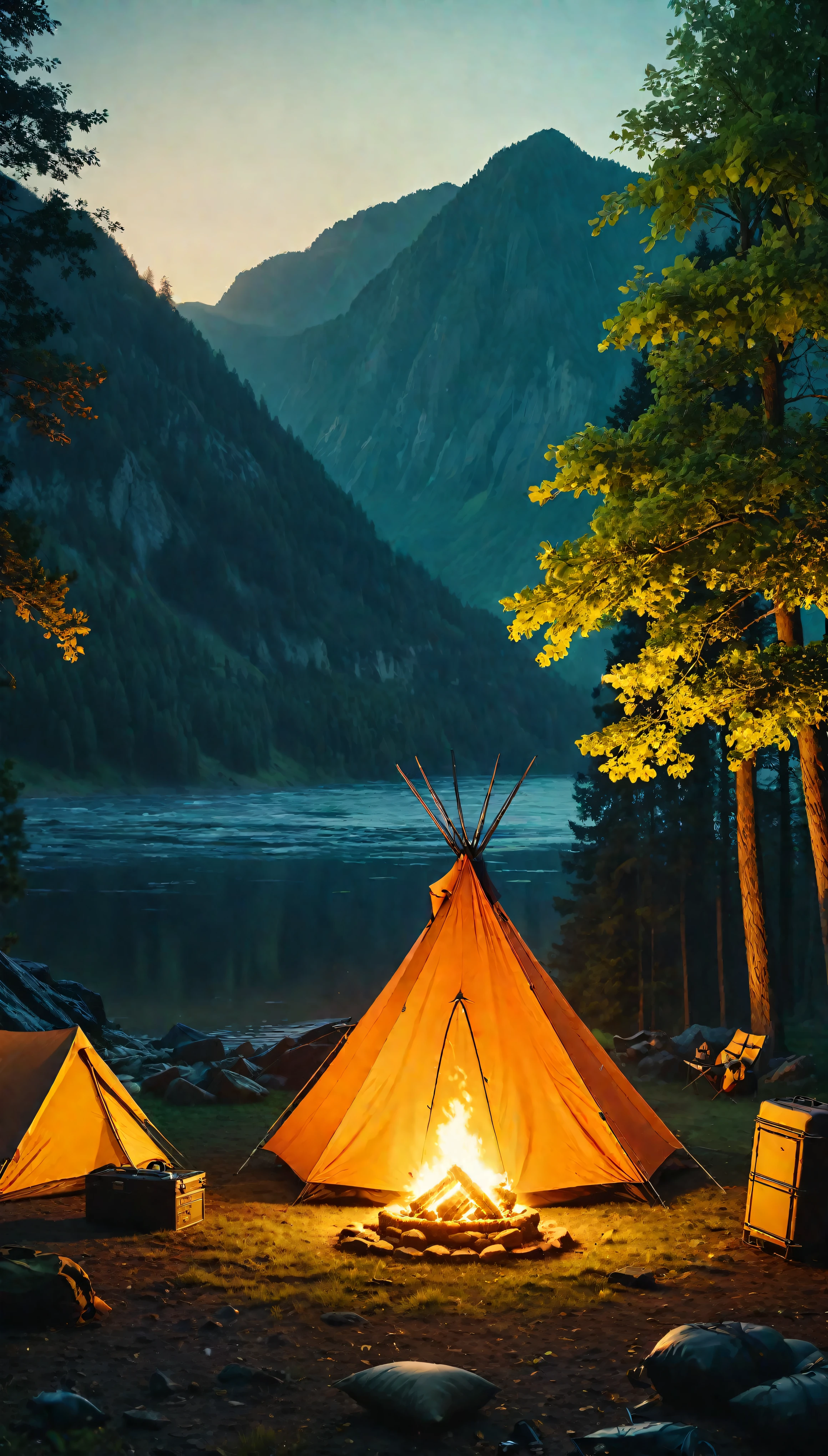 ((Masterpiece in maximum 16K resolution):1.6),((soft_color_photograpy:)1.5), ((Ultra-Detailed):1.4),((Movie-like still images and dynamic angles):1.3),((Wide cinematic lens):1.1). | ((Wide Cinematic shot of a warm campsite in a beautiful outdoors):1.2), ((a warm campsite):1.1), ((beautiful outdoors):1.3), (wide cinematic lens), (tyndall effect), (awesome landscape), (majestic sky), (heartwarming atmosphere), (shimmer), (visual experience) ,(Realism), (Realistic),award-winning graphics, dark shot, film grain, extremely detailed, Digital Art, rtx, Unreal Engine, scene concept anti glare effect, All captured with sharp focus. | Rendered in ultra-high definition with UHD and retina quality, this masterpiece ensures anatomical correctness and textured skin with super detail. With a focus on high quality and accuracy, this award-winning portrayal captures every nuance in stunning 16k resolution, immersing viewers in its lifelike depiction. | ((perfect_composition, perfect_design, perfect_layout, perfect_detail, ultra_detailed)), ((enhance_all, fix_everything)), More Detail, Enhance.