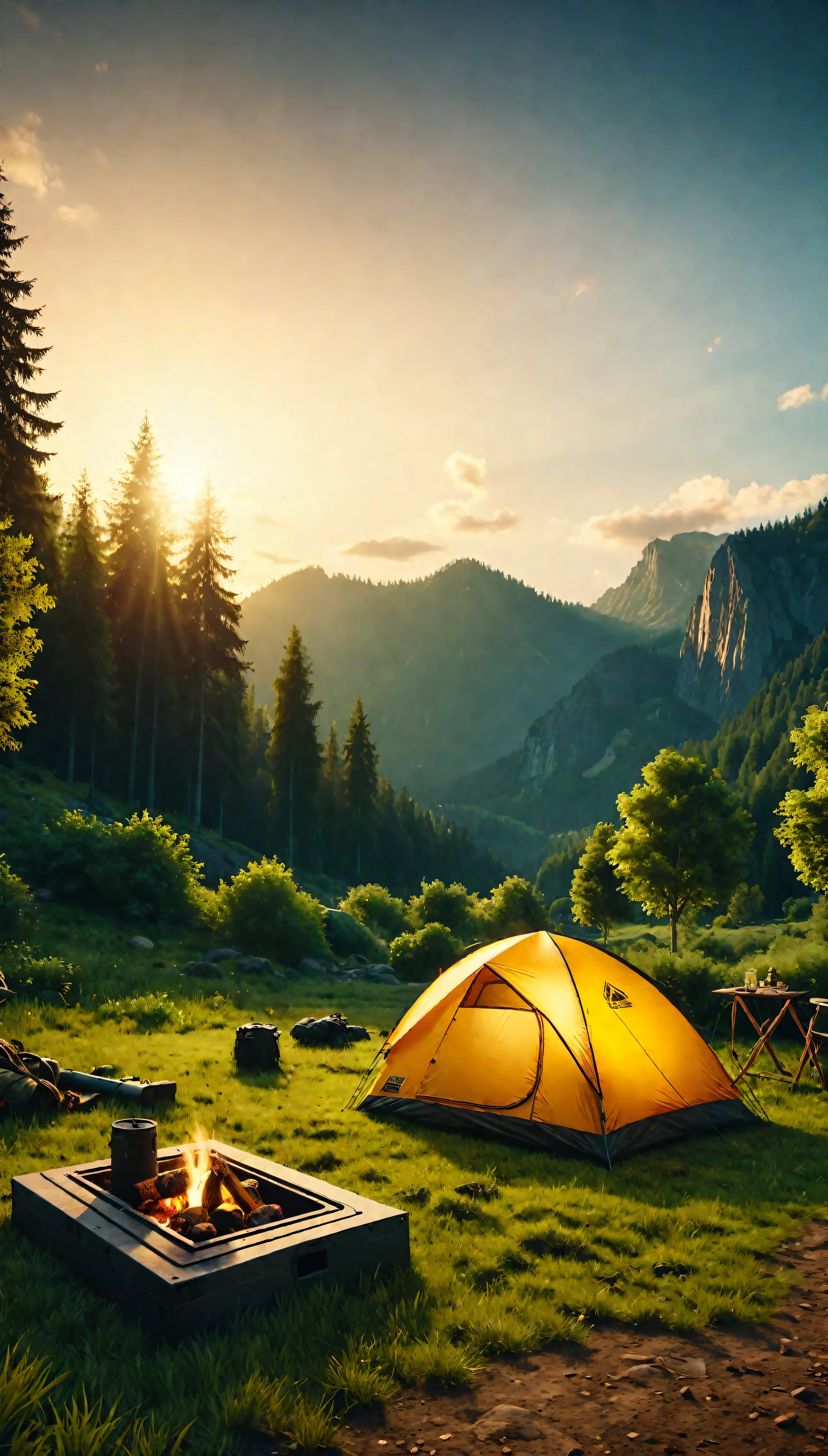 ((Masterpiece in maximum 16K resolution):1.6),((soft_color_photograpy:)1.5), ((Ultra-Detailed):1.4),((Movie-like still images and dynamic angles):1.3),((Wide cinematic lens):1.1). | ((Wide Cinematic shot of a warm campsite in a beautiful outdoors):1.2), ((a warm campsite):1.1), ((beautiful outdoors):1.3), (wide cinematic lens), (tyndall effect), (awesome landscape), (majestic sky), (heartwarming atmosphere), (shimmer), (visual experience) ,(Realism), (Realistic),award-winning graphics, dark shot, film grain, extremely detailed, Digital Art, rtx, Unreal Engine, scene concept anti glare effect, All captured with sharp focus. | Rendered in ultra-high definition with UHD and retina quality, this masterpiece ensures anatomical correctness and textured skin with super detail. With a focus on high quality and accuracy, this award-winning portrayal captures every nuance in stunning 16k resolution, immersing viewers in its lifelike depiction. | ((perfect_composition, perfect_design, perfect_layout, perfect_detail, ultra_detailed)), ((enhance_all, fix_everything)), More Detail, Enhance.