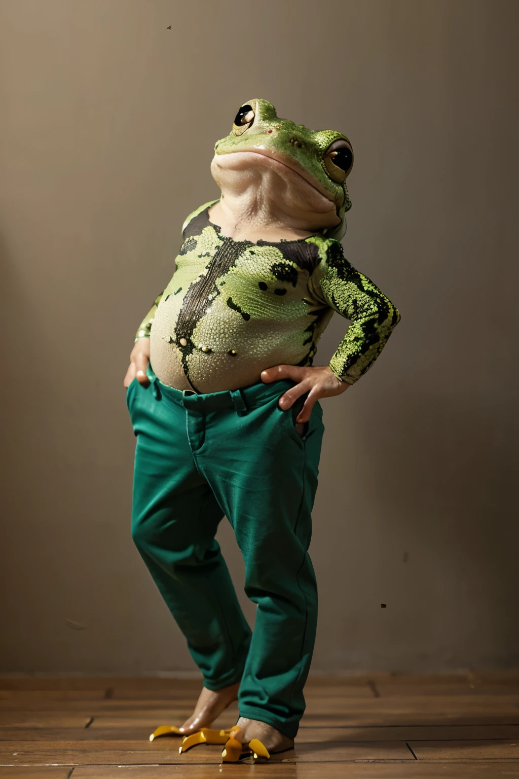 pot-bellied frog in pants
