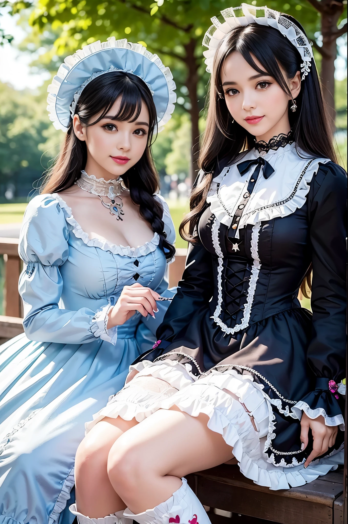 sexy stylish Spanish model, only 1 female, ((doll-like appearance)), long natural stylish hair, ((shiny Victorian-Style boots)), (big smile), ultra detailed eyes, very detailed eye makeup, lipgloss, long lashes, defined eyebrows, ((sexy Sweet Lolita cosplay)), bell-shaped skirt, petticoats, high neckline, puffed sleeves, ((ultra detailed lace)), ((ultra detailed embroidery)), intricate details, animals, fairy tales, heart-shaped bag, Sweet Lolita accessoires, large bow, Sweet Lolita choker, ((large sparkling Sweet Lolita jewelry)), cinematic light, detailed large park background with trees