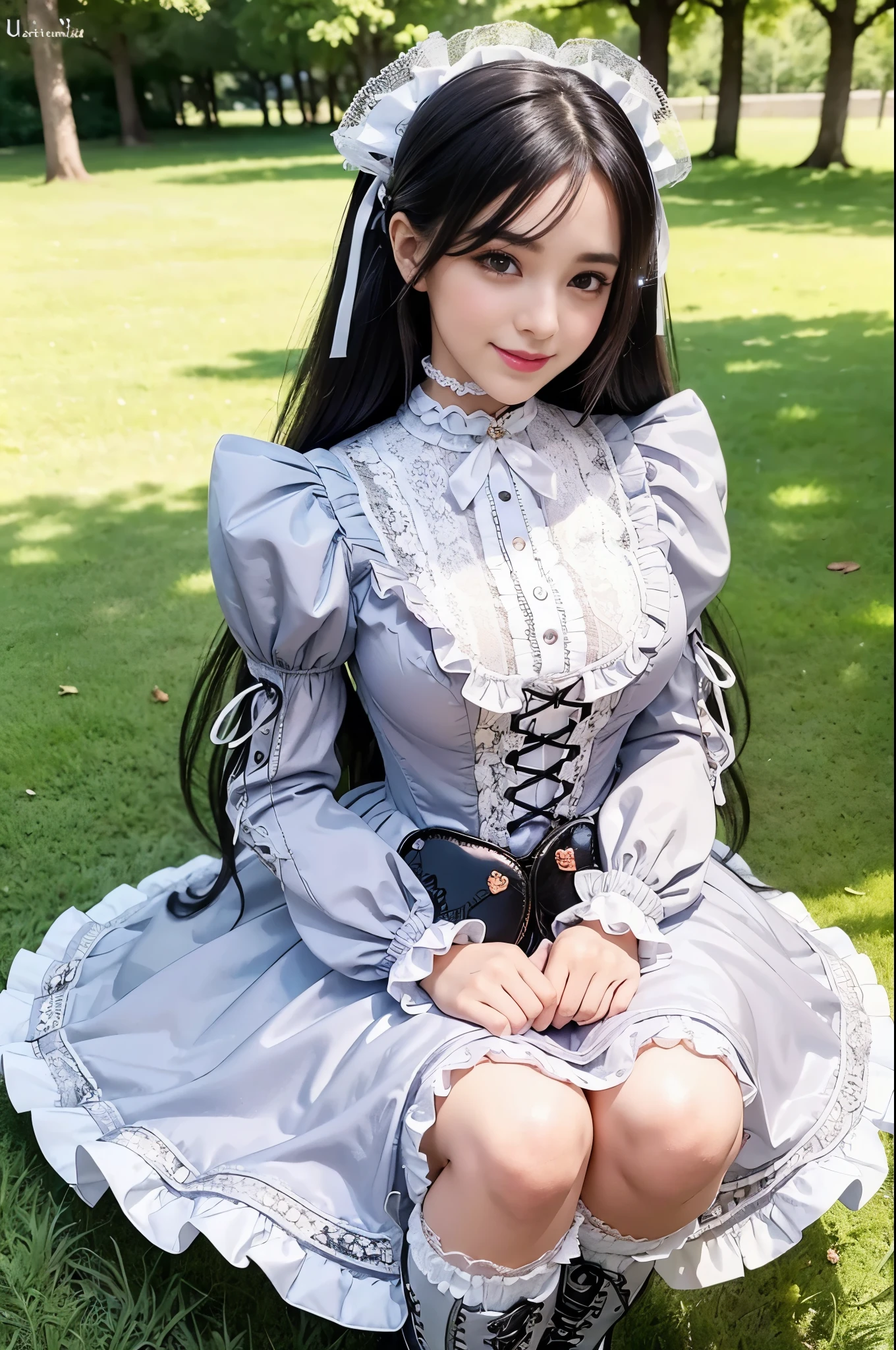 sexy stylish Spanish model, only 1 female, ((doll-like appearance)), long natural stylish hair, ((shiny Victorian-Style boots)), (big smile), ultra detailed eyes, very detailed eye makeup, lipgloss, long lashes, defined eyebrows, ((sexy Sweet ta cosplay)), bell-shaped skirt, petticoats, high neckline, puffed sleeves, ((ultra detailed lace)), ((ultra detailed embroidery)), intricate details, animals, fairy tales, heart-shaped bag, Sweet Loliccessoires, large bow, Sweet Lolita cr, ((large sparkling Sweet Lolita jewel, cinematic light, detailed large park background with trees 