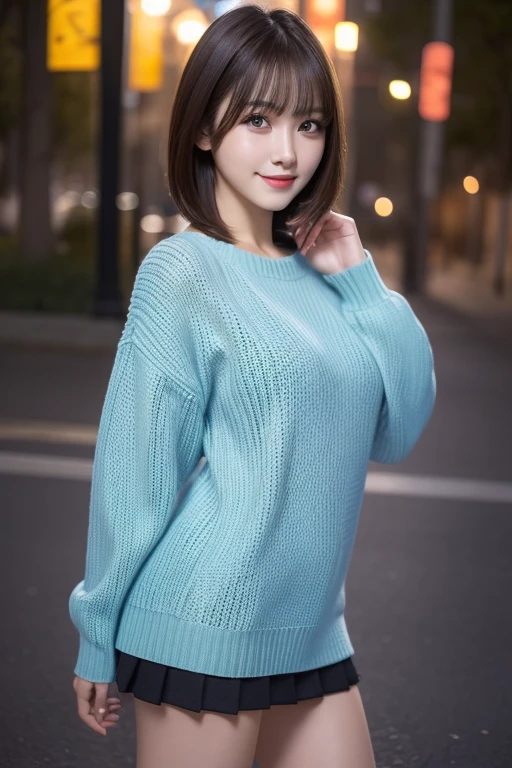 (RAW Photos: 1.2), (Photorealistic: 1.4), (Best Quality: 1.4), Ultra High Resolution, (Detailed eyes), (detailed facial features), (Detailed clothing features), nffsw, 8K resolution, Solo Focus, Bangs, skin tightening, (Slender girl), Dreamy, japanes, (Ultra-fine illustration), landscape, No text, medium breasts⁩, Straight hair, Short hair, Dark hair, Dark eyes, One girl, Full body, a miniskirt, background is night park, AngelT, light blue tight sweater, Cute, Sexy, (Smile)