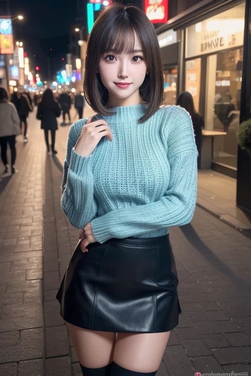 (RAW Photos: 1.2), (Photorealistic: 1.4), (Best Quality: 1.4), Ultra High Resolution, (Detailed eyes), (detailed facial features), (Detailed clothing features), nffsw, 8K resolution, Solo Focus, Bangs, skin tightening, (Slender girl), Dreamy, japanes, (Ultra-fine illustration), landscape, No text, medium breasts⁩, Straight hair, Short hair, Dark hair, Dark eyes, One girl, Full body, a miniskirt, background is night park, AngelT, light blue tight sweater, Cute, Sexy, (Smile)
