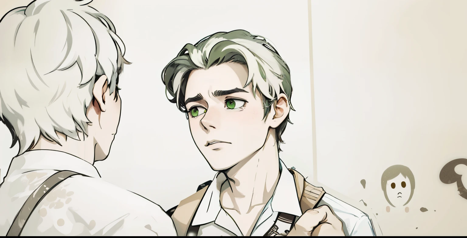 , they are in school, their hair is dark brown, their green eyes are sad.