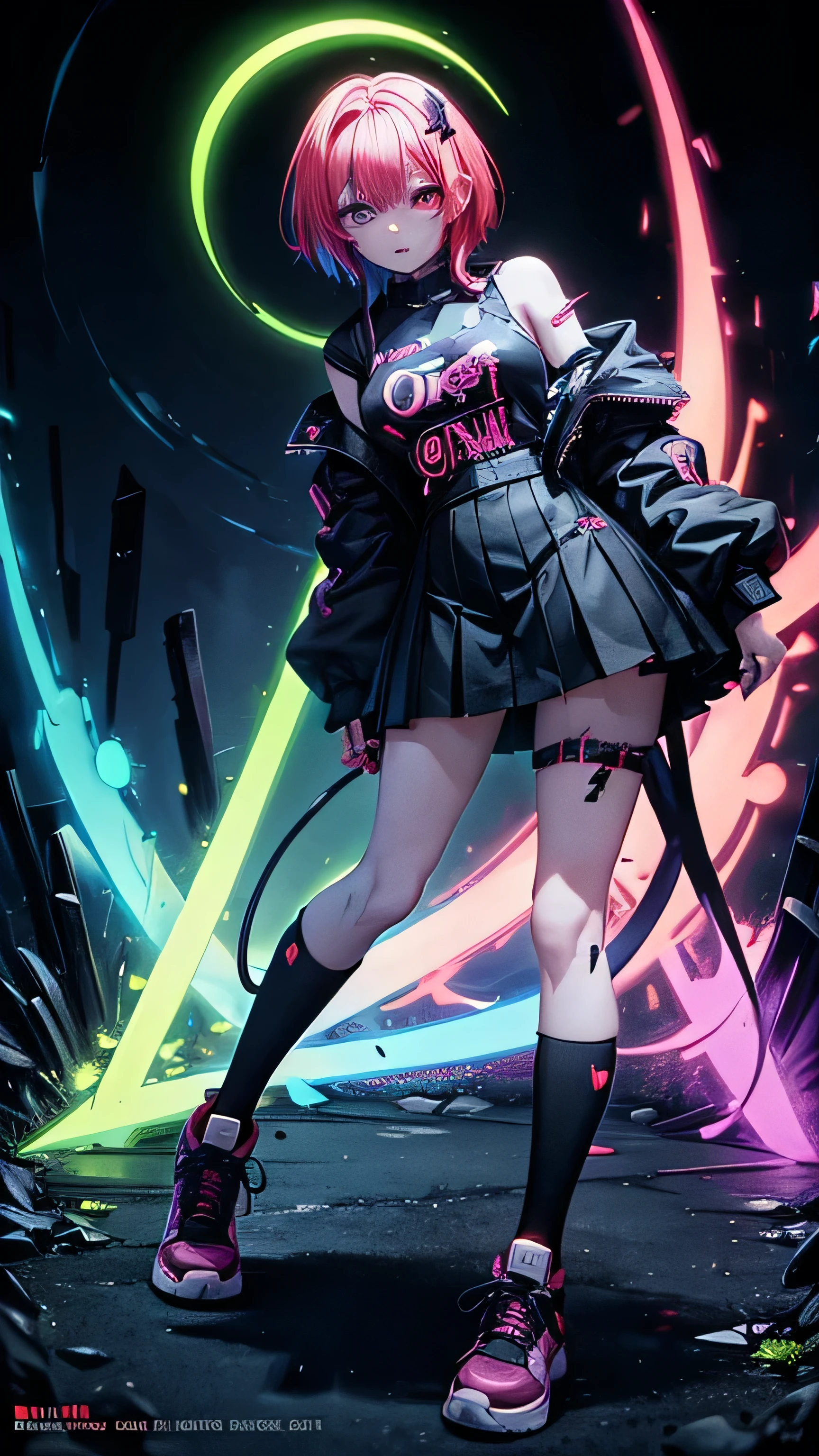 album cover anime phonk horror and one eye is neon green like a devil with neon red colors full body image of an anime woman