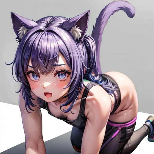 A girl with dark blue hair, cat ears and a tail, wearing a tank top and racing pants. body type Twin tails Female genitalia is visible On all fours Detailed depiction of female genitalia
