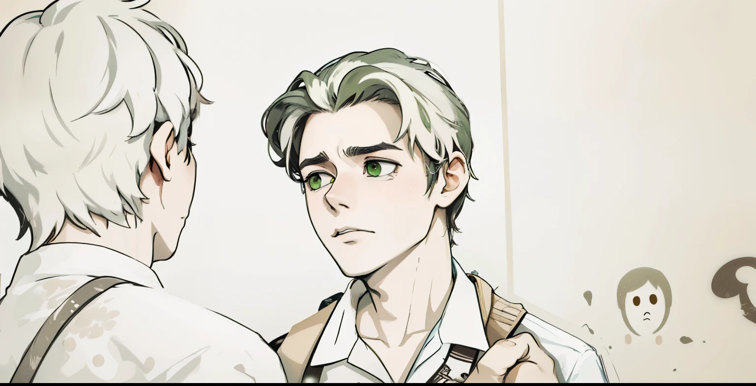 , they are in school, their hair is dark brown, their green eyes are sad.