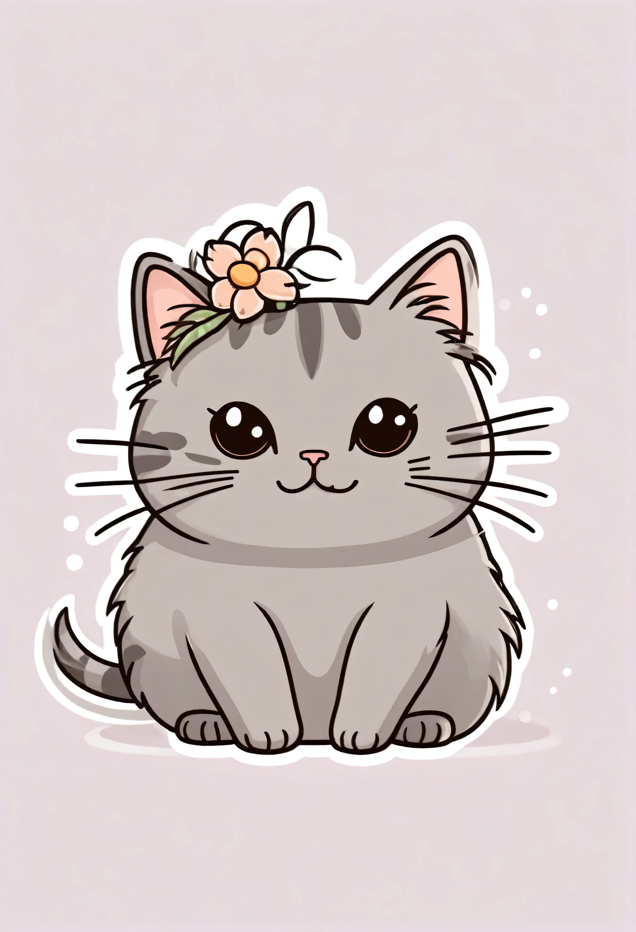 Erstelle eine Katze mit einer Blume auf dem Kopf, Pusheen-Stil. Comic, Cute cat, Discord-Profilbild, Oktopus Katze, Kawaii-Katze, dicke graue Chibi-Katze, sein Kopf ist eine Birne, Relaxo, Abonnieren, Detailliertes Bild, giftige Katze, Catgirl, angry cat, Miau, Zwietracht-Emoji, nekomimi, Katzenkopf