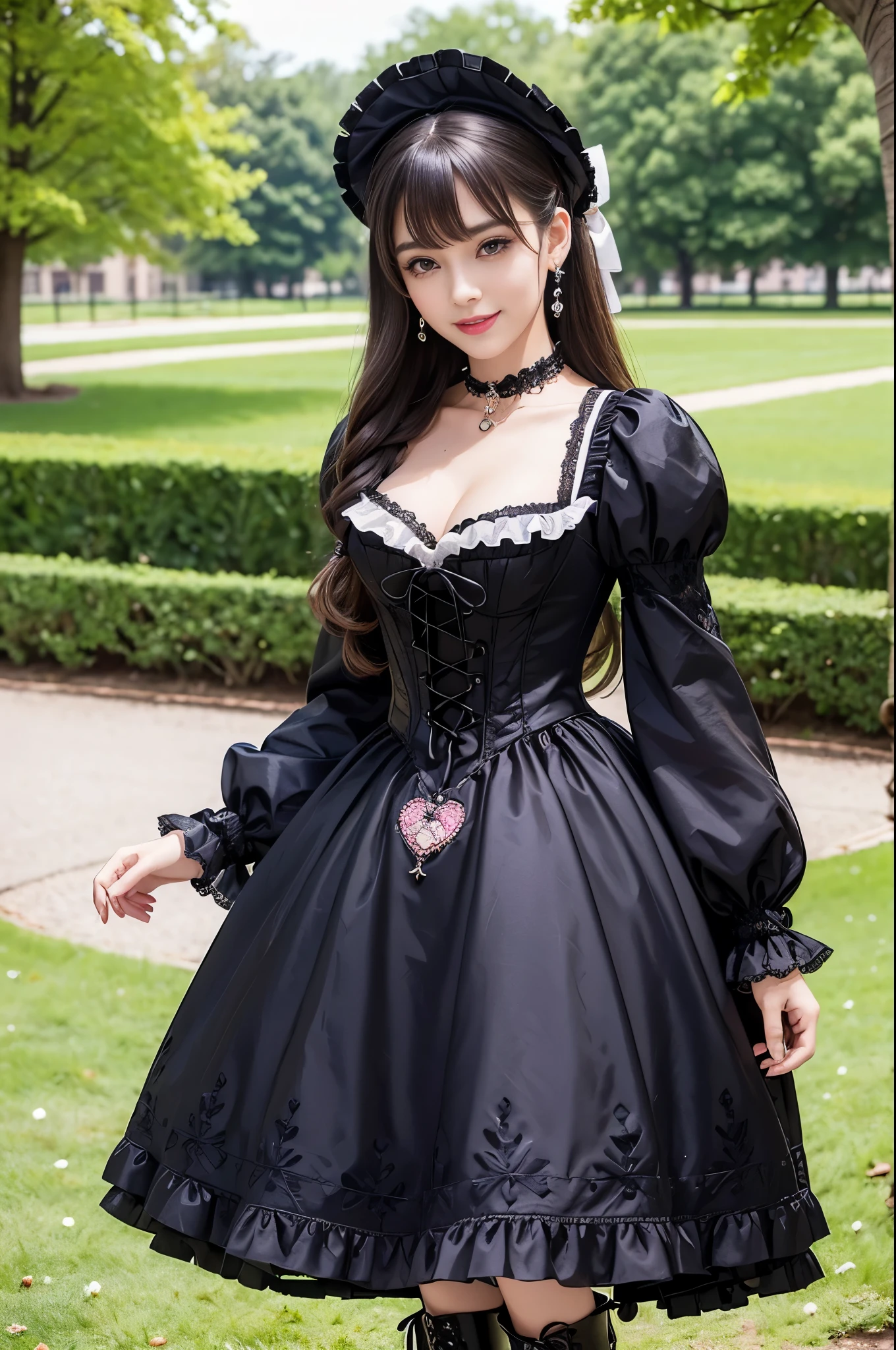 sexy stylish Spanish model, only 1 female, ((doll-like appearance)), long natural stylish hair, ((shiny Victorian-Style boots)), (big smile), ultra detailed eyes, very detailed eye makeup, lipgloss, long lashes, defined eyebrows, ((sexy Sweet ta cosplay)), bell-shaped skirt, petticoats, high neckline, puffed sleeves, ((ultra detailed lace)), ((ultra detailed embroidery)), intricate details, animals, fairy tales, heart-shaped bag, Sweet Loliccessoires, large bow, Sweet Lolita cr, ((large sparkling Sweet Lolita jewel, cinematic light, detailed large park background with trees 