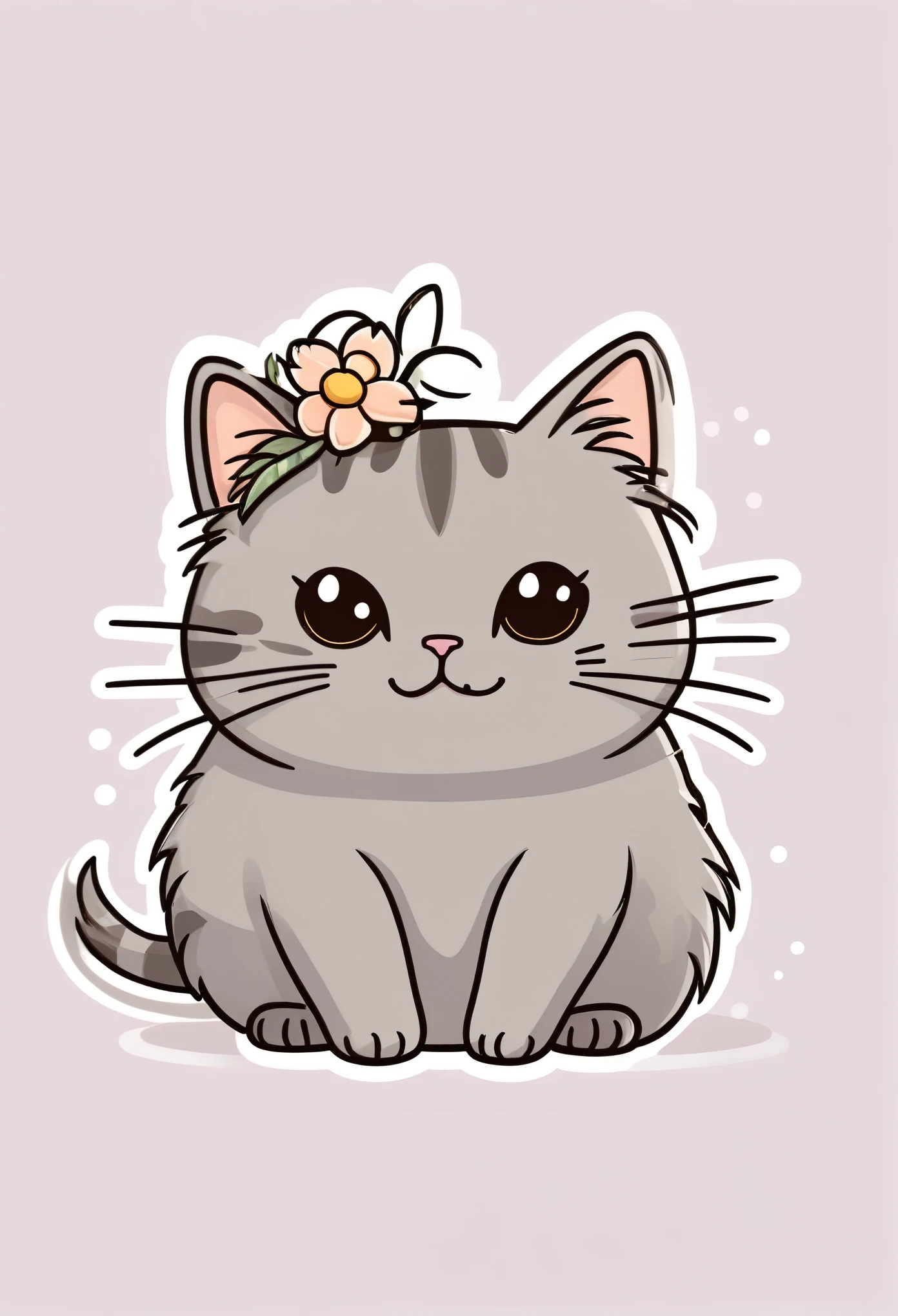 Erstelle eine Katze mit einer Blume auf dem Kopf, Pusheen-Stil. Comic, Cute cat, Discord-Profilbild, Oktopus Katze, Kawaii-Katze, dicke graue Chibi-Katze, sein Kopf ist eine Birne, Relaxo, Abonnieren, Detailliertes Bild, giftige Katze, Catgirl, angry cat, Miau, Zwietracht-Emoji, nekomimi, Katzenkopf