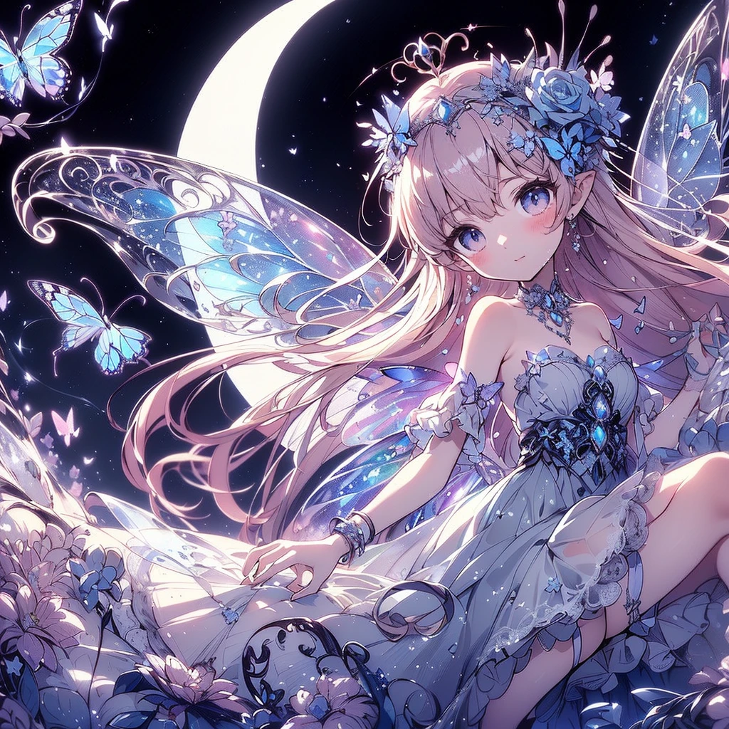 (Exquisite, beautiful, Very detailed, masterpiece, High resolution,high quality,High resolution),(Well-formed face,Soft and thin lines: 1.2, beautiful, Delicate and vivid illustrations with a mature and clear feel), In the middle of the night under the glittering crescent moon, a fairy princess with a clear, delicate, beautiful face and butterfly-like wings is flying happily through the moonlit sky., A vivid starry night with meteors and stars shining in the moonlight,From a little distance,tiara, Star Earrings, Star Necklace,Bracelet,ring,), ((A gorgeous ball gown dress with lots of frills and a moon motif.:1.1, Balloon sleeves, Jewels, ribbons, lace and frills, Butterfly-like fairy wings growing from her back:1.5)), (Adorable,A shy smile,Pale pink blush, Plump pink lips,Beautiful and clear eyes,Large Bust, Fair skin, Good style),Starry sky texture,Vibrant pastel colors,Dreamy and cute fantasy world,Whole body,Colored pencil art