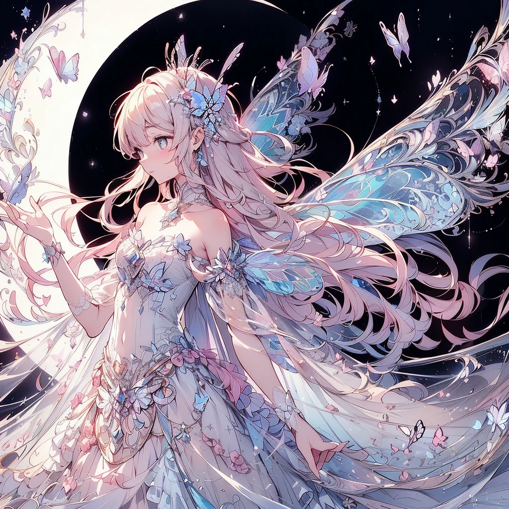 (Exquisite, beautiful, Very detailed, masterpiece, High resolution,high quality,High resolution),(Well-formed face,Soft and thin lines: 1.2, beautiful, Delicate and vivid illustrations with a mature and clear feel), In the middle of the night under the glittering crescent moon, a fairy princess with a clear, delicate, beautiful face and butterfly-like wings is flying happily through the moonlit sky., A vivid starry night with meteors and stars shining in the moonlight,From a little distance,tiara, Star Earrings, Star Necklace,Bracelet,ring,), ((A gorgeous ball gown dress with lots of frills and a moon motif.:1.1, Balloon sleeves, Jewels, ribbons, lace and frills, Butterfly-like fairy wings growing from her back:1.5)), (Adorable,A shy smile,Pale pink blush, Plump pink lips,Beautiful and clear eyes,Large Bust, Fair skin, Good style),Starry sky texture,Vibrant pastel colors,Dreamy and cute fantasy world,Whole body,Colored pencil art